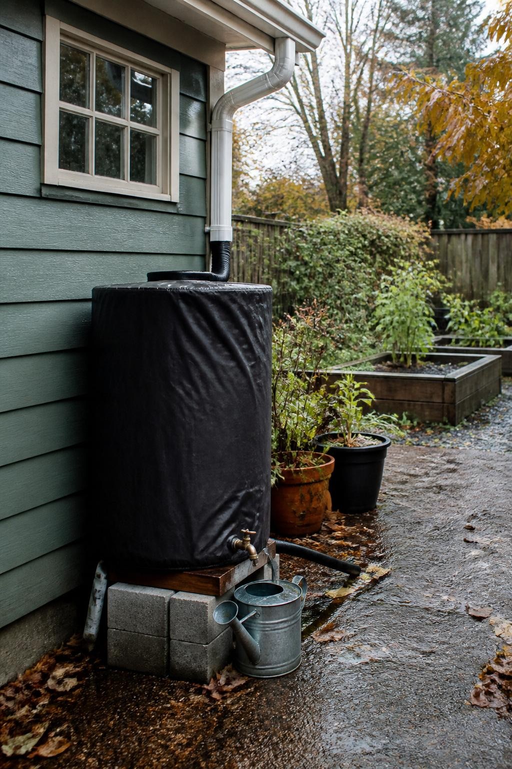 Image Prompt: A realistic residential garden rainwater project showing a dark covered rain barrel installed beside a small shed, connected securely to a downspout diverter, raised on a stable concrete-block platform with a watering can positioned beneath the lower tap, an overflow hose directing excess water away from the foundation, nearby containers and raised beds ready for watering, fallen leaves scattered around, soft overcast autumn light after rain, accurate safe installation details, editorial DSLR photography, 35mm lens, no text.