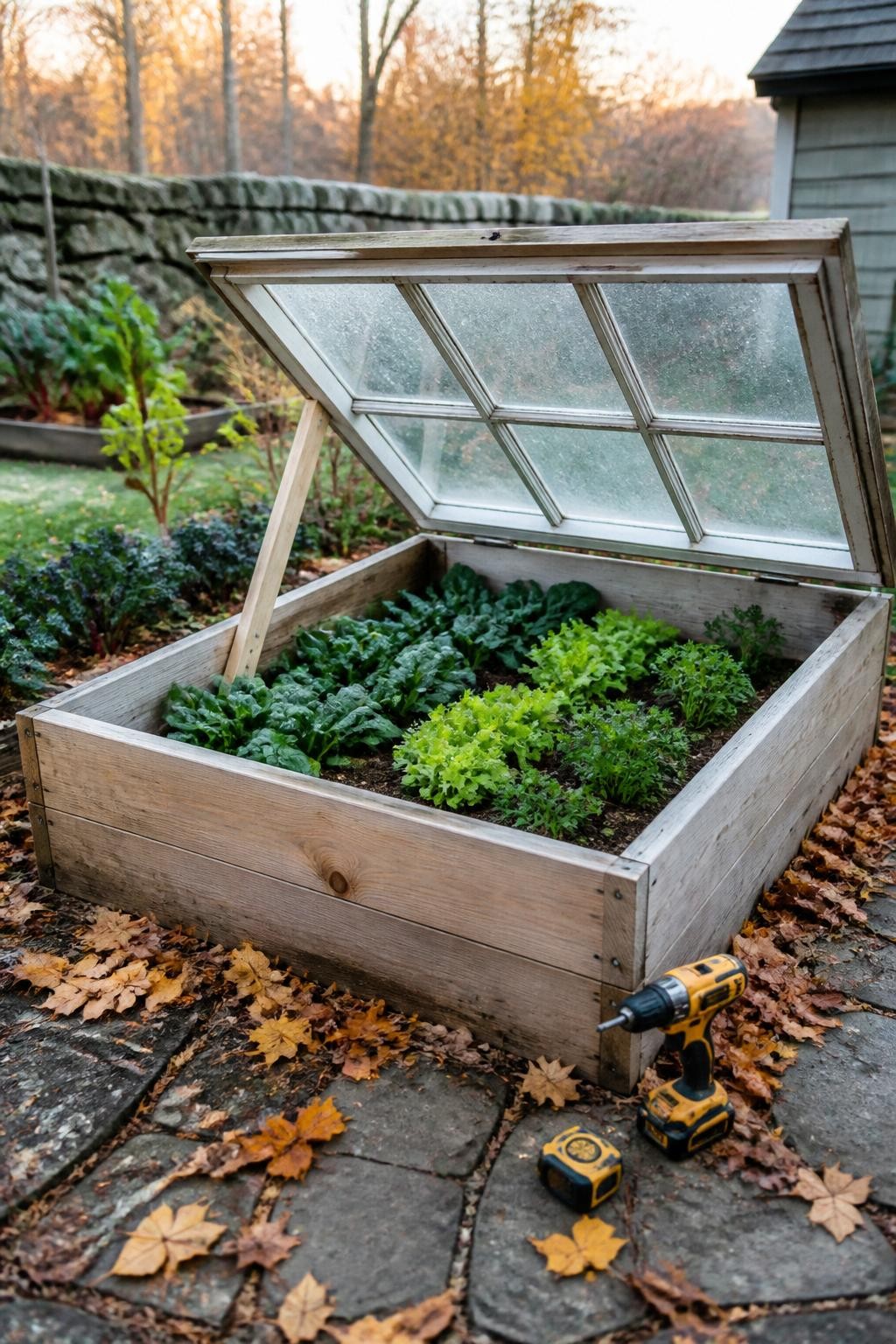 Image Prompt: A realistic backyard fall gardening project showing a newly built wooden cold frame made from untreated timber with a hinged recycled glass window lid, positioned over a small bed of spinach, lettuce, parsley, and young kale, the lid partly open and supported with a wooden prop for ventilation, slightly weathered boards, dark compost-rich soil, fallen amber leaves around the frame, a cordless drill and measuring tape resting nearby, soft cool morning light, practical residential vegetable garden, accurate construction details and plant proportions, editorial DSLR photography, 35mm lens, highly detailed, no text.