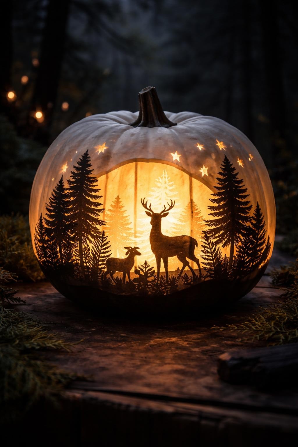 Image Prompt: A hollow white pumpkin transformed into a glowing woodland shadow lantern, layered black paper silhouettes of deer, pine trees, rabbits, and ferns wrapping around the lower half, warm light shining behind translucent vellum windows, delicate cutout stars near the top, clean white exterior, dark forest tabletop scene, dramatic evening lighting, realistic DSLR craft photography, crisp layered silhouettes, no people, no text.