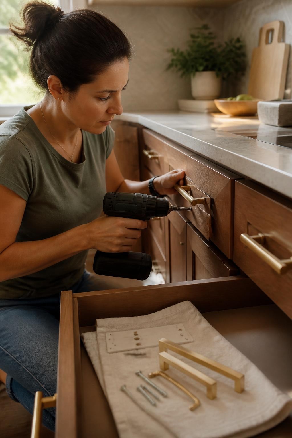 Image Prompt: A highly realistic close kitchen photograph showing a woman replacing outdated cabinet handles with simple brushed-brass pulls, one drawer open with screws and a hardware template arranged on a cloth, warm wood cabinets, pale stone countertop, soft morning light, accurate fingers, drill position, and hardware scale, professional DSLR photography using a 50mm lens, refined home-upgrade editorial style, believable reflections and material textures, no visible tool brands, no text, no watermarks on images.