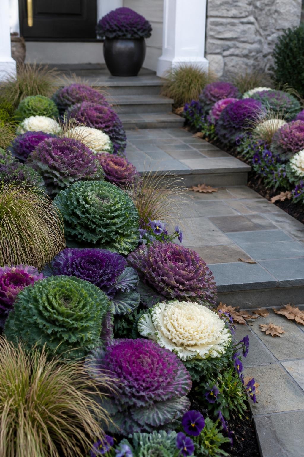 Image Prompt: A realistic autumn front entrance garden with large ornamental kale rosettes in purple, deep green, creamy white, and dusty rose, planted in repeated clusters along both sides of a short stone walkway, mixed with small purple violas and fine-textured grasses, natural leaf ruffling and slight weather marks, cool crisp morning light, a few fallen oak leaves on the path, elegant but easy-to-recreate residential design, DSLR photography, 45-degree angle, no text.