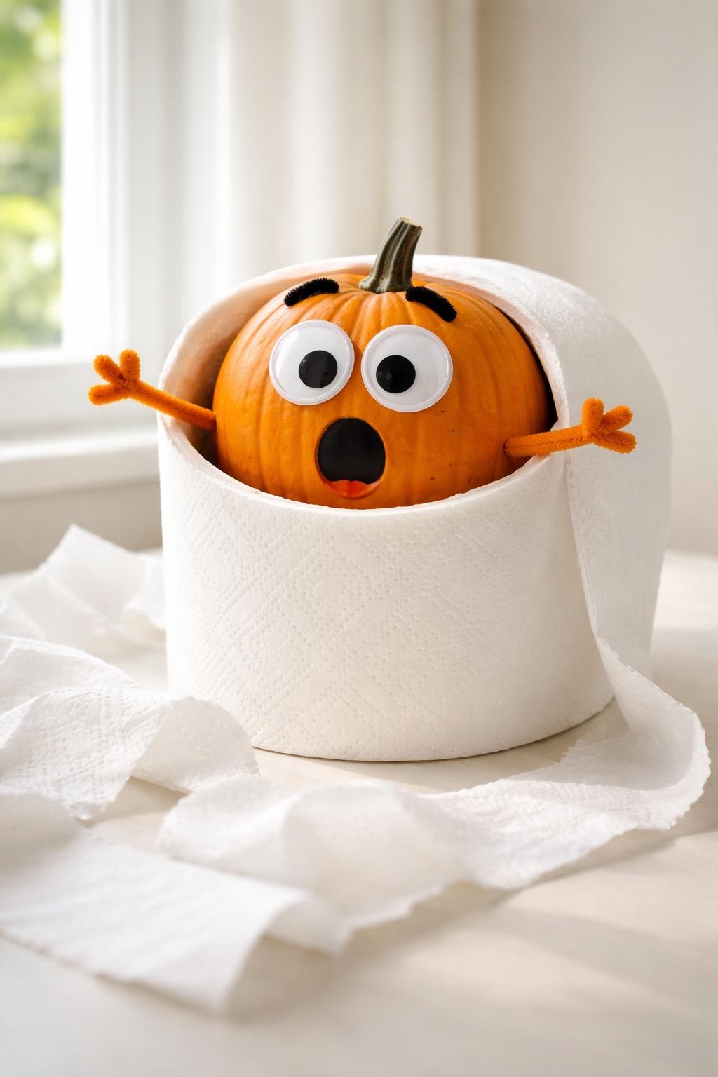 Image Prompt: A round orange pumpkin decorated as a shocked cartoon character stuck inside an oversized white cardboard toilet paper roll, wide googly eyes, raised black eyebrows, open painted mouth, tiny pipe-cleaner arms reaching outward, loose toilet paper trailing across a clean tabletop, playful handmade finish, bright natural window light, realistic DSLR craft photography, simple neutral background, crisp details, no people, no text.