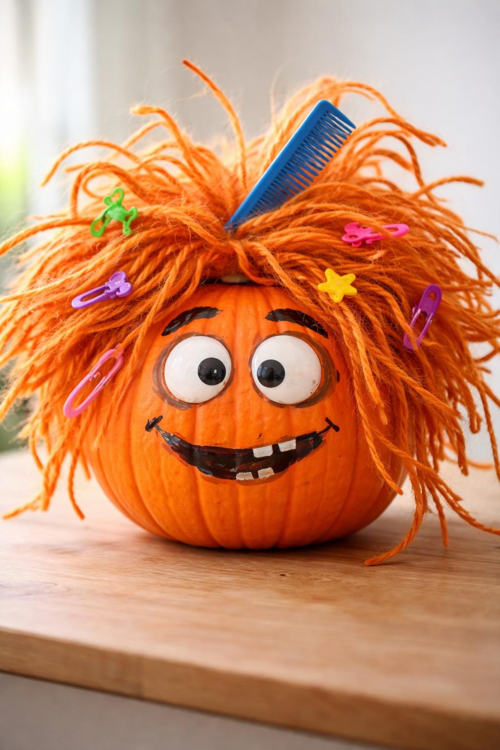 Image Prompt: A round orange pumpkin with wildly tangled yarn hair exploding in every direction, one plastic comb stuck inside, uneven painted eyebrows, shocked wide eyes, crooked smile, several colorful hair clips attached randomly, humorous messy morning look, simple tabletop background, soft daylight, realistic DSLR photo, detailed yarn texture, no people, no text.