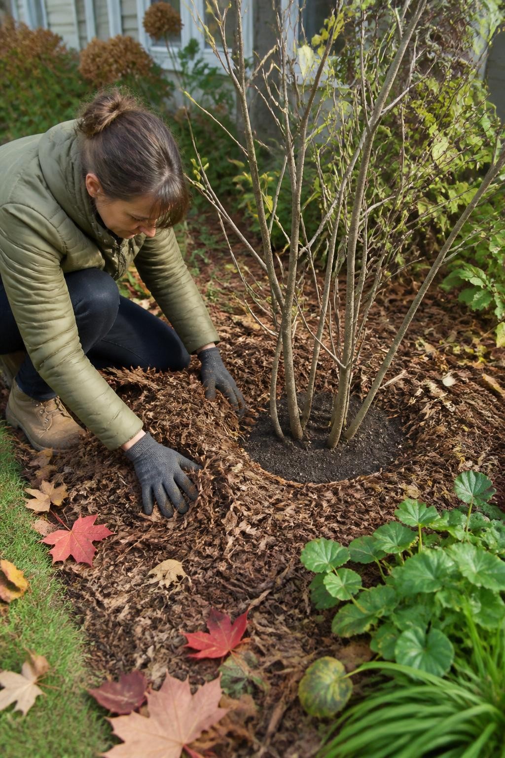Image Prompt: A realistic late-fall garden bed demonstrating correct mulching, with a loose two-inch layer of shredded leaves spread across the soil around perennials and young shrubs, clear open space left around plant crowns and woody stems, a gardener pulling excess mulch away from the base of one shrub, fallen maple leaves nearby, soft diffused afternoon light, authentic residential border, accurate mulch depth and placement, DSLR photography, 50mm lens, highly detailed, no text.