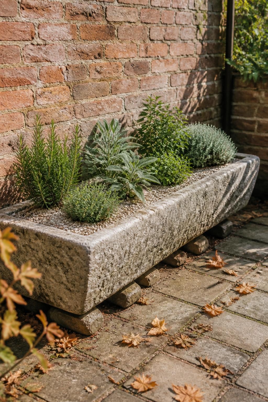 Image Prompt: A realistic long stone garden trough planted with rosemary, thyme, sage, marjoram, and compact oregano, silver-green and deep green foliage arranged with open spacing, pale gravel covering the soil surface, several drainage stones visible near the base, positioned against a warm brick wall, scattered dry autumn leaves nearby, bright clear afternoon sunlight, dry well-drained planting style, realistic residential patio, editorial DSLR photography, 50mm lens, crisp detailed texture, no text.