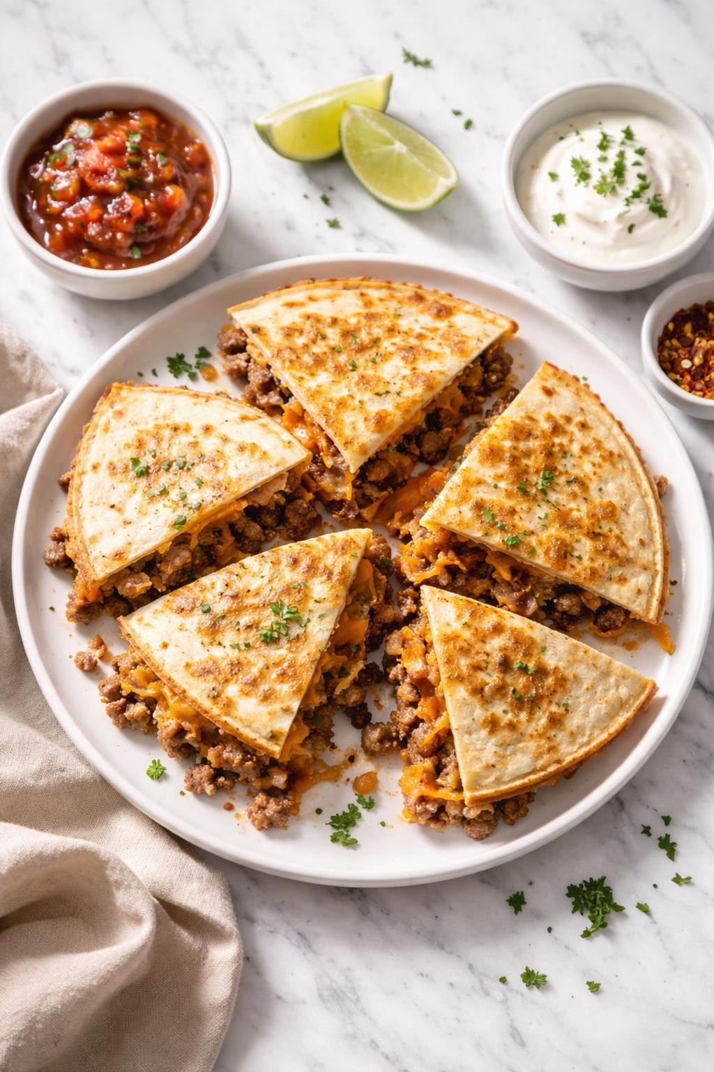 Prompt: Top-down realistic editorial food photography of meatloaf quesadillas on a clean light marble countertop, golden toasted tortillas filled with crumbled leftover meatloaf and melted cheese, sliced into wedges with crisp edges and cheesy filling visible, easy homemade meal mood, bright natural daylight, soft shadows, clean composition, high detail, realistic food texture, no people, no hands, no text, no watermarks, no props with writing.