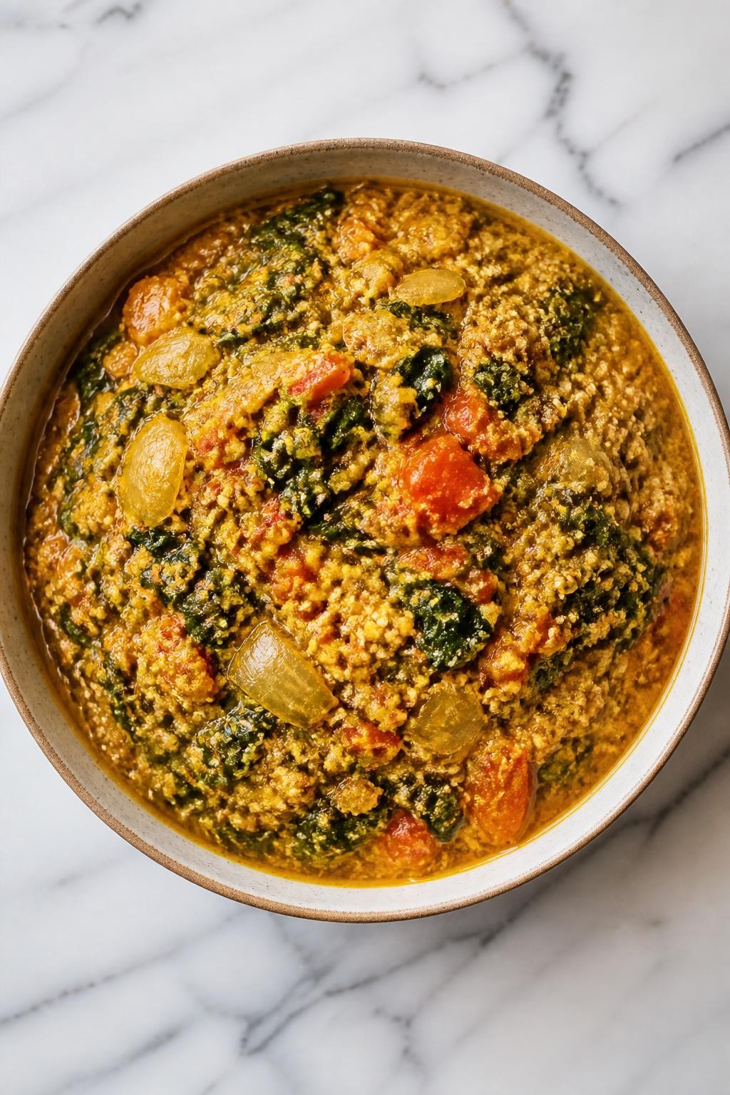 Image Prompt: Top-down realistic editorial food photography of a bowl of vegan egusi soup on a clean white marble countertop, thick golden melon seed soup with spinach, tomatoes, onions, and peppers, rich textured stew in a simple serving bowl, warm natural daylight, cozy African home-cooked meal mood, no people, no hands, no text, no watermarks, no props with writing.