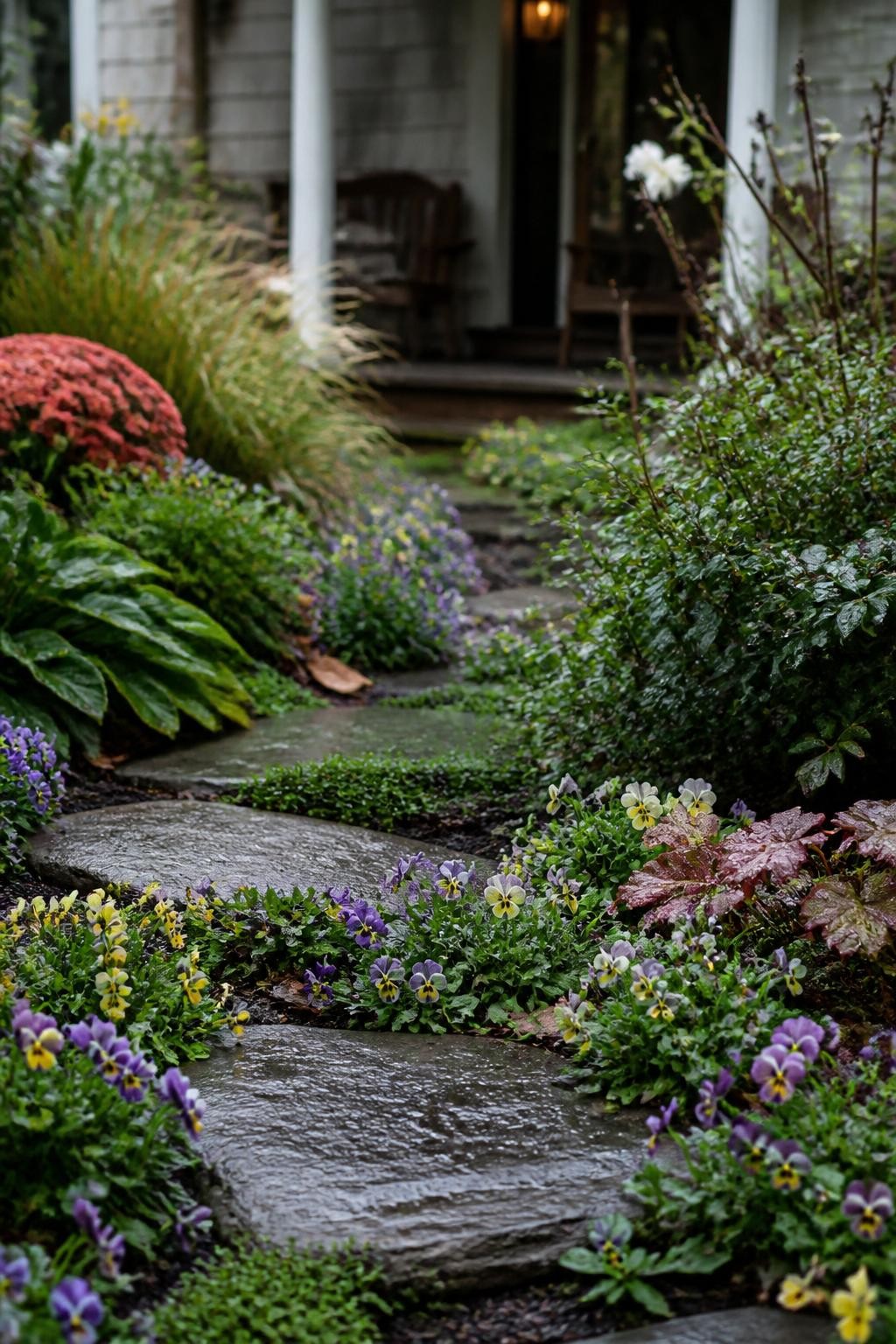 Image Prompt: A realistic cottage-style front garden with small violas in violet, pale yellow, cream, and deep blue filling gaps between stepping stones and larger fall perennials, delicate flowers forming low soft mounds, fine green foliage, damp dark soil and a few copper-colored leaves, cool diffused daylight after light rain, welcoming home entry softly blurred behind, highly realistic floral detail, DSLR macro-style photography, 85mm lens, no text.