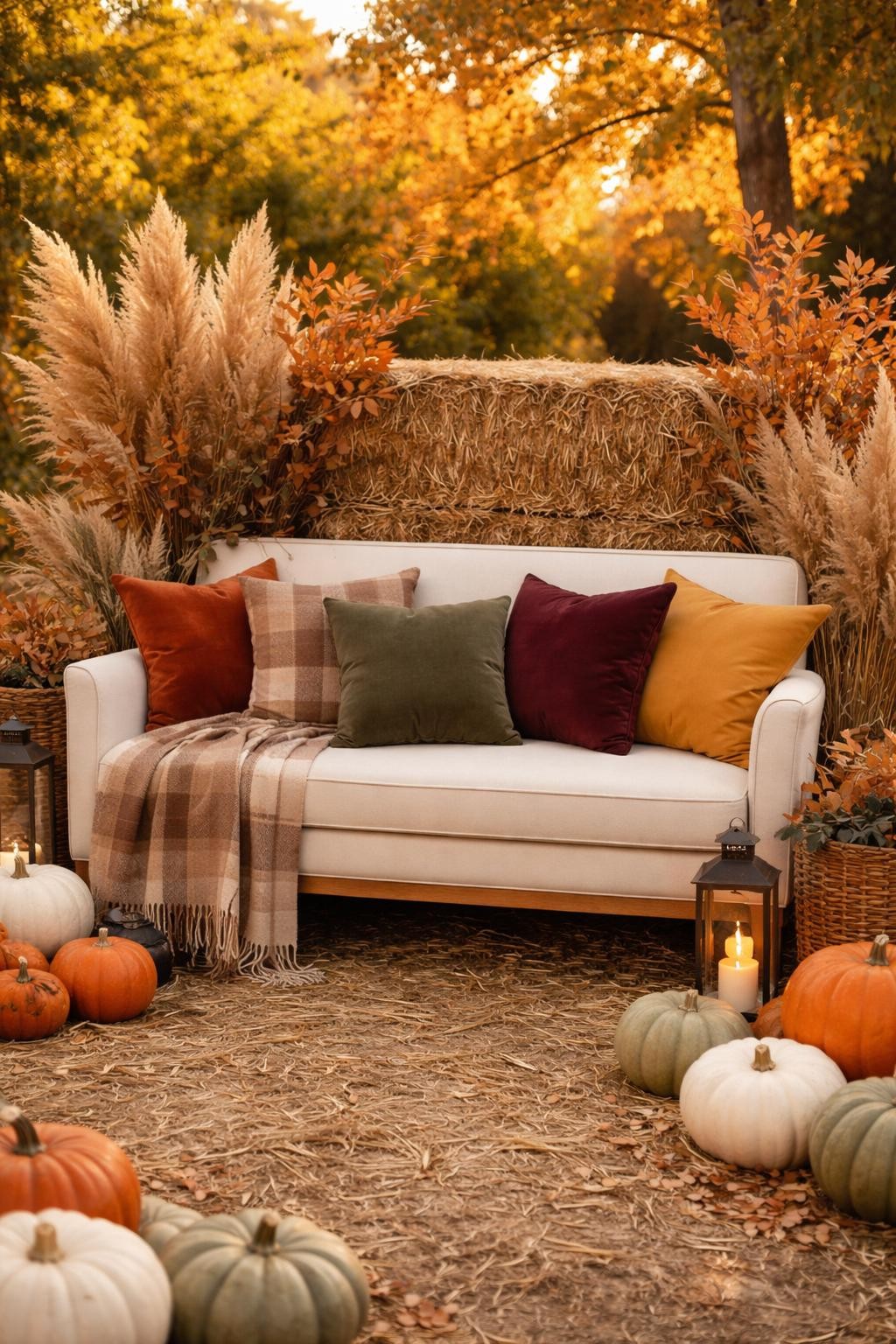 Image Prompt: A cozy outdoor pumpkin patch photo area with a cream upholstered bench set against stacked hay bales, layered plaid and velvet pillows in rust, mustard, olive, and burgundy, pumpkins surrounding the bench, dried pampas grass and maple branches behind it, woven baskets, lanterns, soft plaid blanket draped over one side, warm golden-hour lighting, realistic DSLR editorial photography, inviting autumn styling, no people, no readable text.