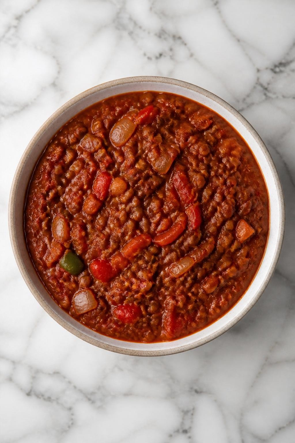 Image Prompt: Top-down realistic editorial food photography of a bowl of spicy vegan lentil stew on a clean white and gray marble countertop, thick red stew with lentils, tomatoes, peppers, and onions, warm natural daylight, hearty homemade African comfort food mood, no people, no hands, no text, no watermarks, no props with writing.