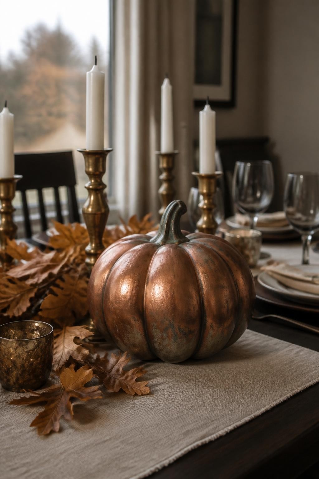 Horizontal 16:9 natural iPhone photo of a ceramic pumpkin painted aged copper with darker brown shading in the grooves and a subtle green patina around the stem and lower ridges, displayed on a dark dining table with taper candles, dried leaves, and a linen runner, soft evening window light, realistic metallic reflection, no excessive shine, elegant autumn setting, no text.