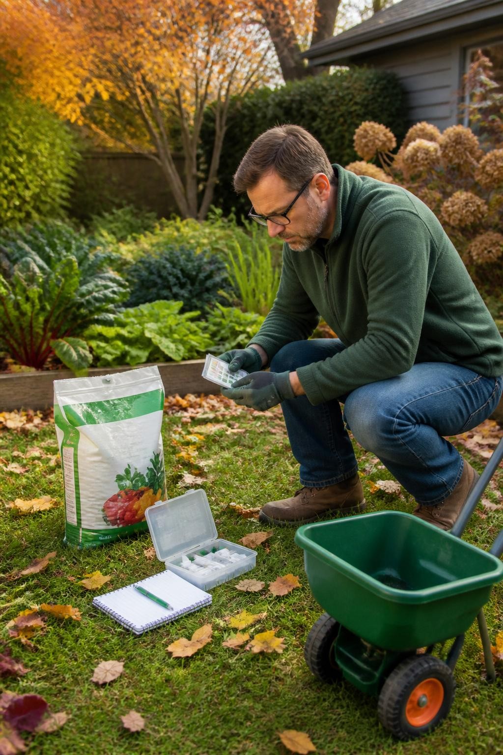 Image Prompt: A realistic fall lawn and garden care scene showing a closed bag of fertilizer beside an open soil-test kit and garden notebook, a gardener studying the results instead of spreading granules automatically, established shrubs and a vegetable bed in the background, a small hand spreader left empty, scattered autumn leaves, soft late-morning light, practical home gardening setup, detailed DSLR photography, 50mm lens, no readable text.