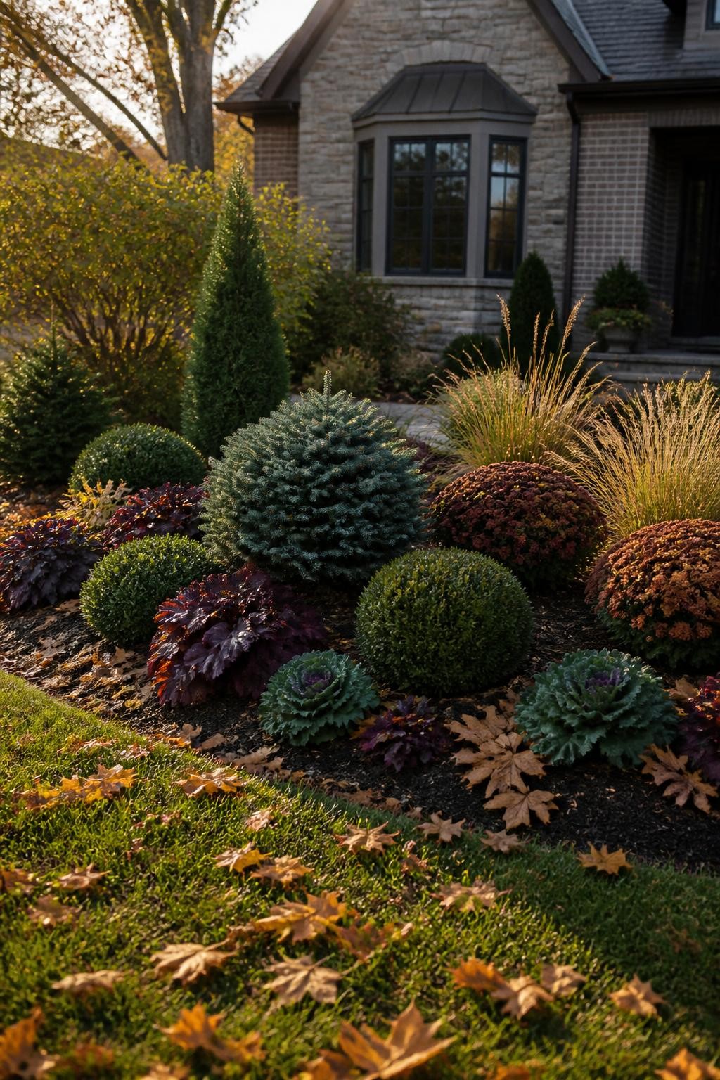 Image Prompt: A realistic fall front yard with compact dwarf spruce, rounded boxwood, and small upright juniper anchoring a layered foundation bed, surrounded by bronze mums, burgundy heuchera, ornamental cabbage, and fine grasses, dark fresh mulch, scattered amber leaves, warm low afternoon sunlight, balanced planting around a modest stone-and-brick home, realistic mature plant scale and natural asymmetry, editorial DSLR landscape photography, 35mm lens, highly detailed, no text.