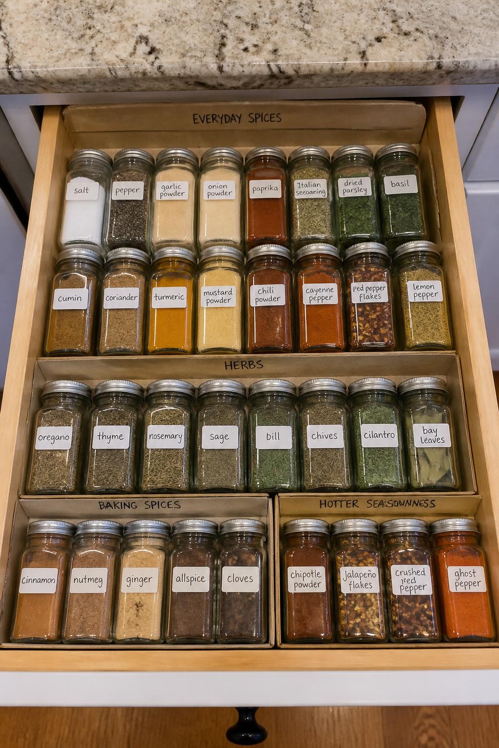 Image prompt: Shallow kitchen drawer filled with spice jars laid at a slight angle with clear readable handwritten labels, organized by everyday spices, herbs, baking spices, and hotter seasonings, photographed from directly above with natural iPhone photo quality, soft daylight, believable spice colors and jar sizes, practical home cooking setup, no hands, no distorted text, no watermarks on images.