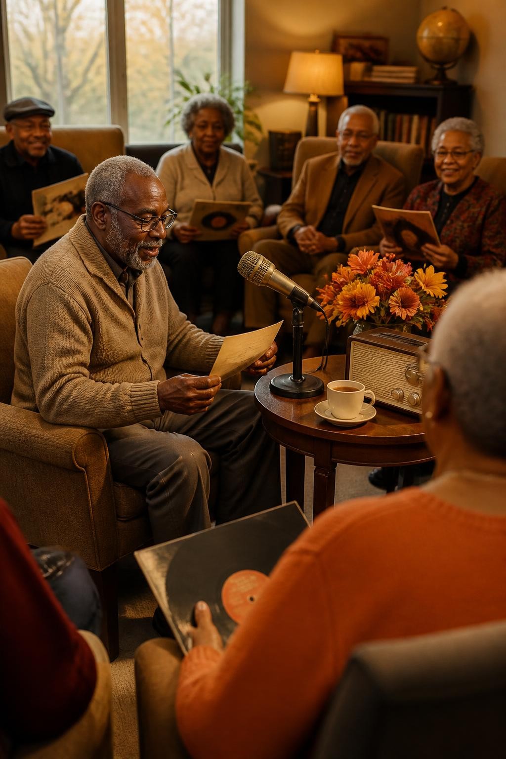 Image Prompt: A cozy senior lounge arranged for a fall radio-style program, an older Black man seated beside a tabletop microphone reading from a large-print card while other seniors wait with records, short stories and music requests, a vintage-style radio, autumn flowers and cups of tea on a side table, soft armchairs arranged in a semicircle, warm lamp light, natural smiles and attentive body language, documentary-inspired DSLR photography, no readable song titles, no text overlay.