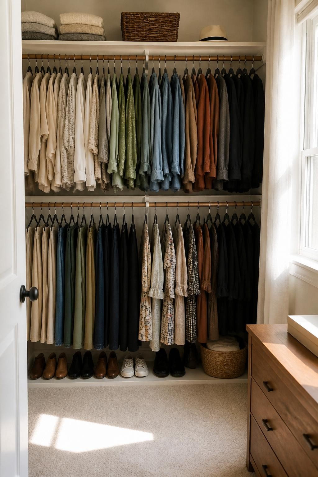 Image prompt: Medium-sized closet arranged first by clothing category and then by gentle color progression, shirts together, trousers together, dresses together, moving naturally from cream and beige to green, blue, brown, and black, matching slim hangers, modern iPhone photo quality, bright but soft window light, believable everyday wardrobe with mixed fabrics and patterns, not overly color-perfect, no people, no luxury logos, no watermarks on images.