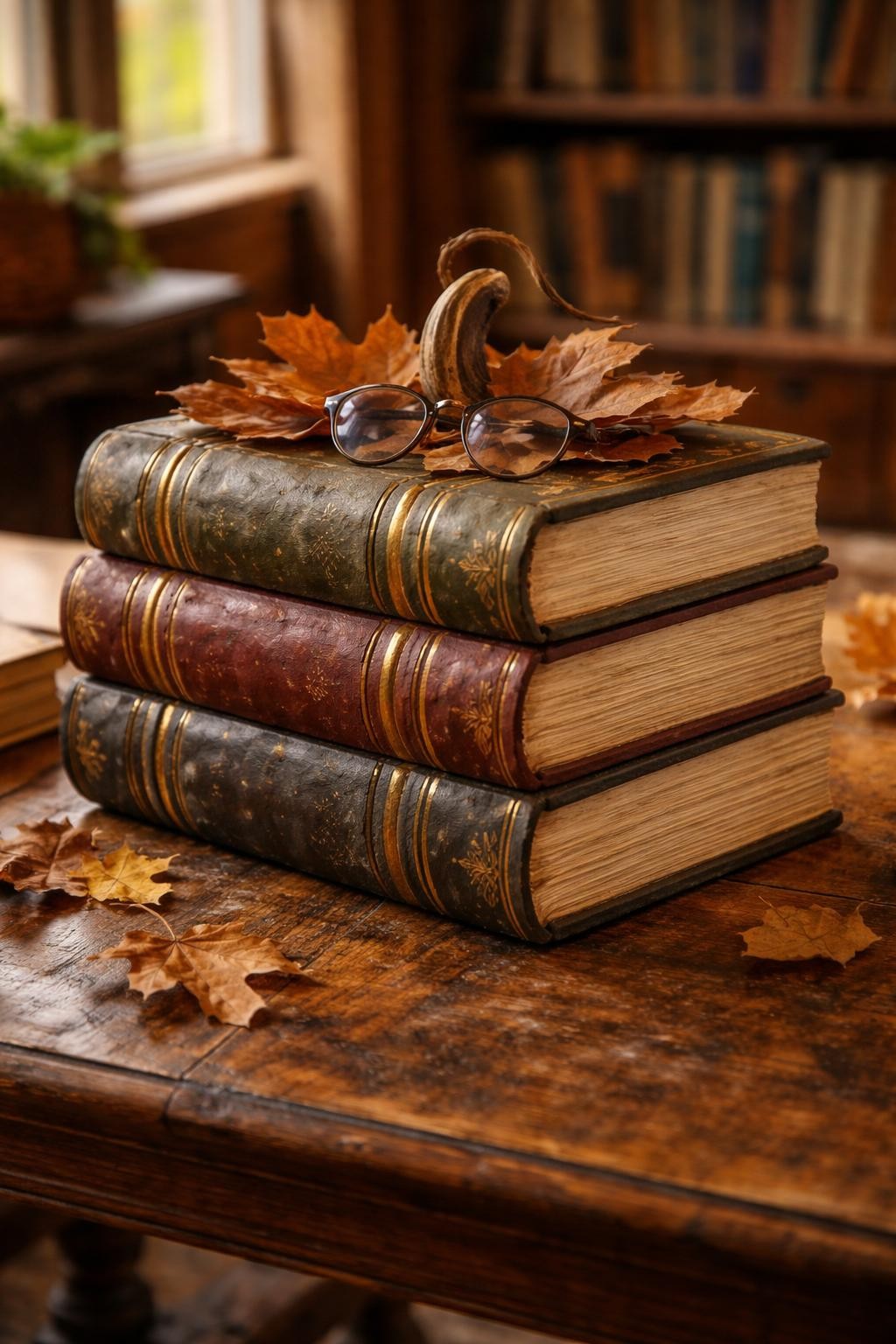 Image Prompt: A rectangular fake pumpkin painted to resemble a stack of old books, cream paper edges, dark green, burgundy, and brown book spines wrapping around the sides, gold decorative lines, worn corners, small reading glasses and dried leaves on top, cozy library table setting, warm natural light, realistic DSLR photography, crisp vintage painted texture, no people, no readable text.
