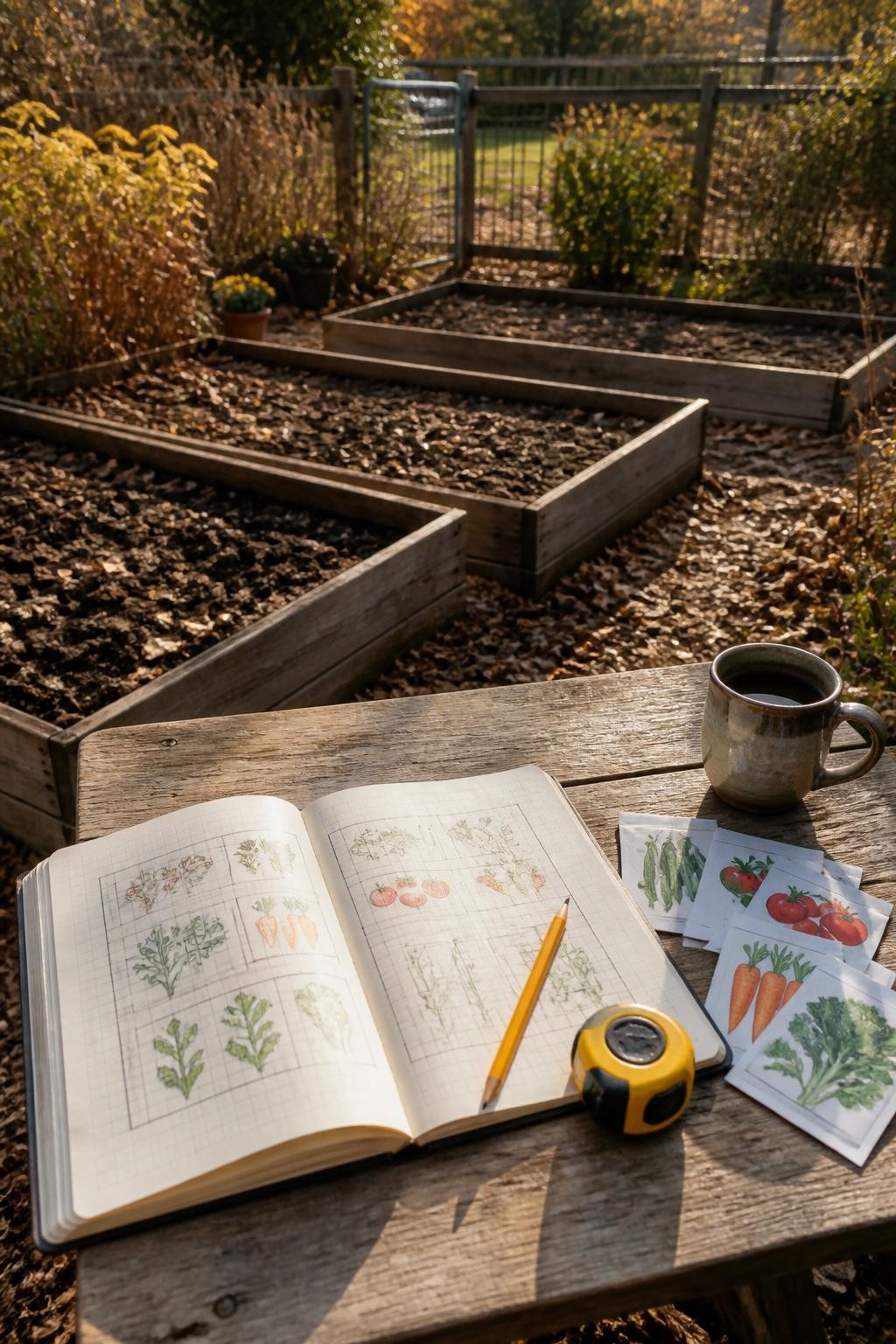 Image Prompt: A realistic fall garden planning scene at an outdoor wooden table overlooking several cleaned raised beds, an open garden notebook containing a hand-drawn bed map with simple vegetable labels, seed packets for beans, tomatoes, carrots, and kale arranged nearby, a pencil, measuring tape, and mug on the table, mulched beds and fading autumn plants visible in the background, warm late-afternoon sunlight, natural working setup with slight paper creases and soil marks, editorial DSLR photography, 50mm lens, no readable text.