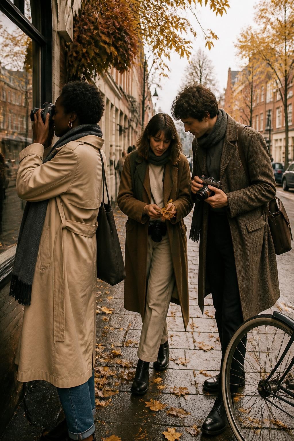 Image Prompt: Three adult friends walking through an older city neighborhood lined with golden trees and brick buildings, each carrying a compact film camera or vintage-style camera, one woman photographing reflections in a café window while the others examine fallen leaves near a bicycle, layered trench coats, knitted scarves and practical shoes, one friend with deep brown skin and short natural hair, candid movement, realistic street activity, slightly cloudy afternoon light, subtle film grain, editorial travel photography, 35mm lens, no readable store names, no text overlay.