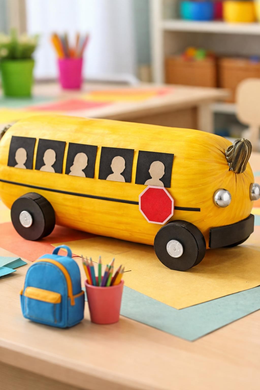 Image Prompt: A long yellow pumpkin transformed into a cheerful school bus, black painted windows, small paper children silhouettes in the windows with no facial detail, black cardboard wheels, silver headlights, red stop sign shape on the side with no readable text, tiny backpack and pencils beside it, bright classroom craft table, realistic DSLR photography, clean handmade finish, no people, no readable text.