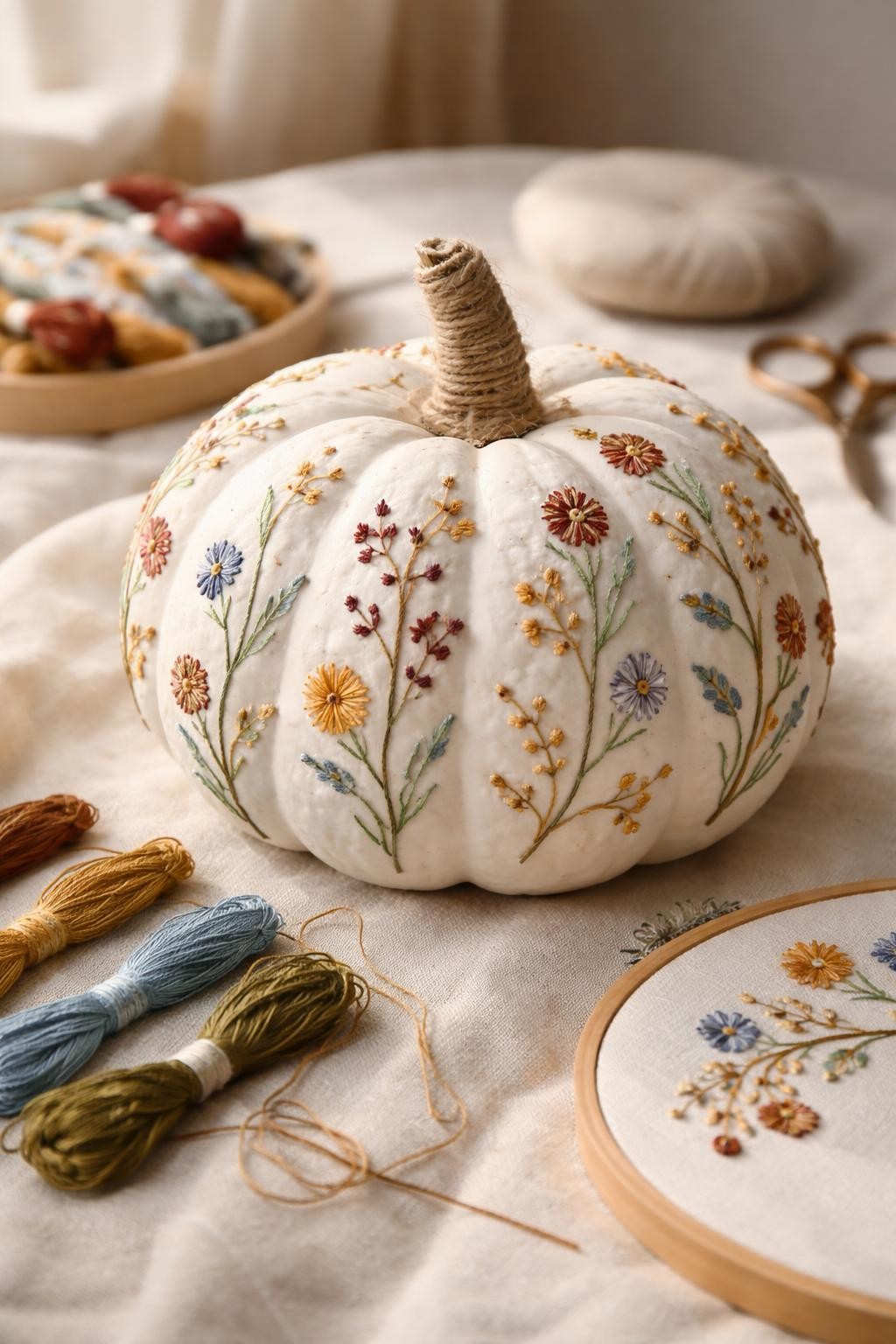 Image Prompt: A matte white pumpkin decorated with delicate raised embroidered wildflowers, tiny burgundy, mustard, rust, dusty blue, and olive thread blossoms stitched through small prepared holes, curved green stems following the pumpkin ridges, French-knot flower centers, natural jute-wrapped stem, displayed beside embroidery hoops and loose thread on cream linen, soft daylight, realistic DSLR craft photography, highly detailed fiber texture, no people, no text.