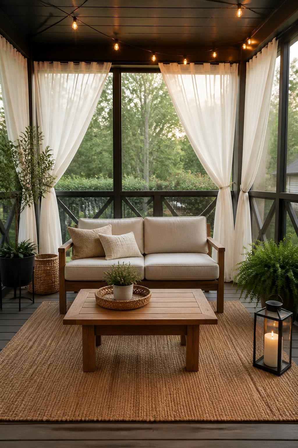 Image Prompt: A stylish screened in patio with soft white outdoor curtains tied back inside the screen panels, cozy loveseat with beige cushions, wooden coffee table, potted plants, woven rug, warm string lights, private and airy outdoor lounge, no people, realistic DSLR image, no text, no watermarks on images.
