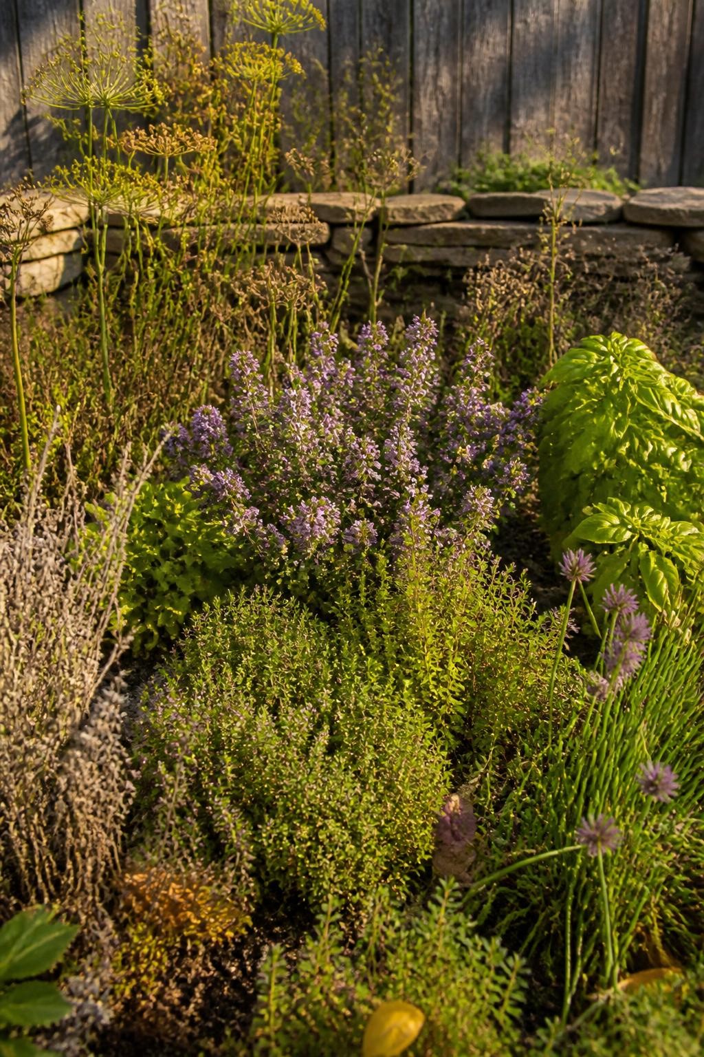 Image Prompt: A realistic late-fall herb garden with flowering oregano, thyme, basil, dill, and chives left standing among harvested herb plants, several bees visiting the small blossoms naturally, dried seedheads mixed with fresh green foliage, a low stone border and weathered wooden fence in the background, warm late-afternoon sunlight, a few fallen leaves caught between plants, slightly untidy but intentional wildlife-friendly garden, documentary DSLR photography, 70mm lens, highly detailed, no text.