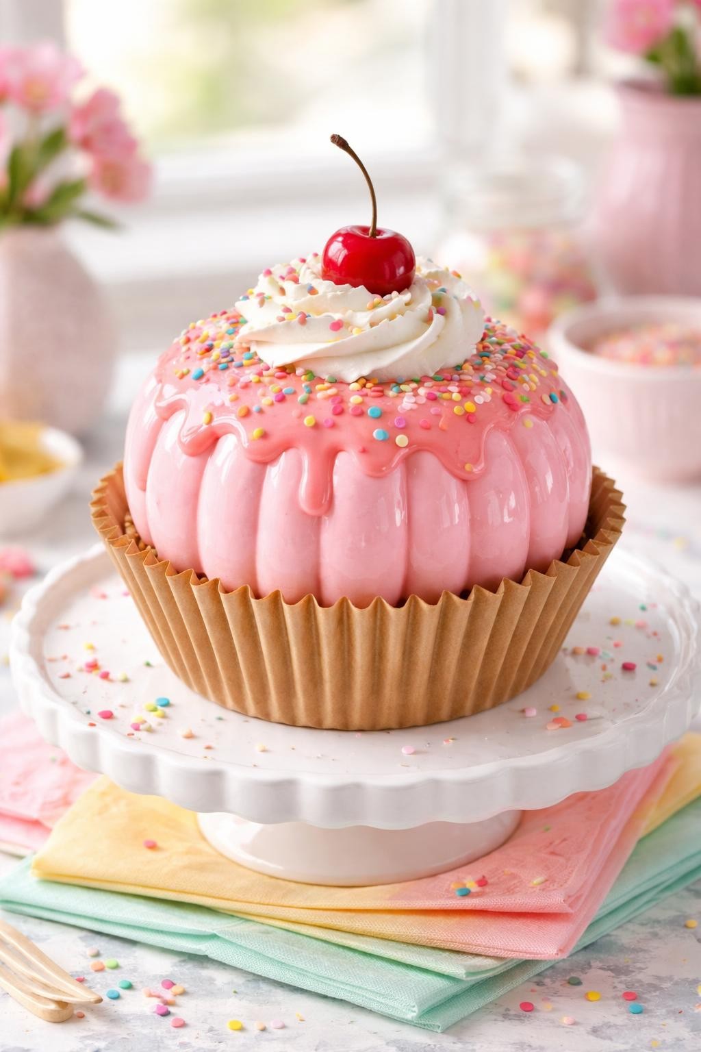Image Prompt: A small pink fake pumpkin styled as a giant cupcake, base wrapped in a ridged brown paper cupcake liner, glossy strawberry frosting effect across the top, white whipped cream swirl around the stem, colorful sprinkles, tiny red cherry, displayed on a cake stand with pastel napkins, cheerful bakery-inspired styling, bright natural daylight, realistic DSLR food-style craft photography, no people, no text.