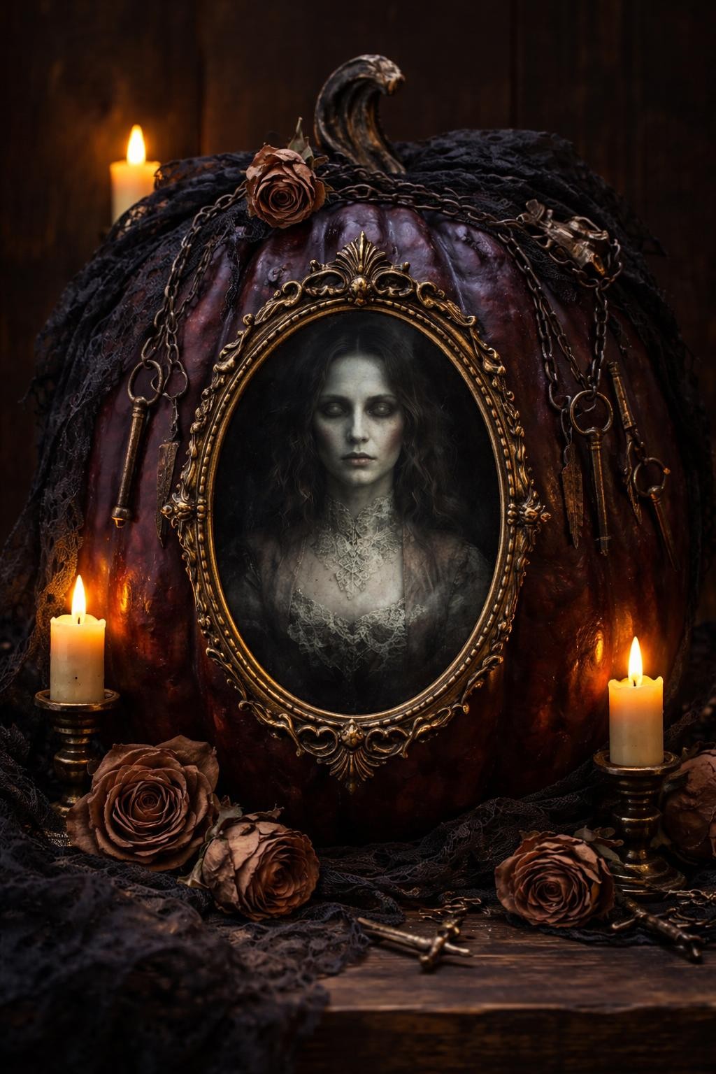 Image Prompt: A tall dark burgundy pumpkin styled as a Victorian haunted portrait, ornate antique gold oval frame attached to the front, inside the frame a pale ghostly woman painted in faded nineteenth-century clothing with subtly shifting eerie eyes, black lace wrapped around the pumpkin, dried roses, old keys, small candle-shaped LED lights, dramatic gothic styling, dark wooden background, cinematic low light, realistic DSLR photo, finely painted texture, no real person, no text.