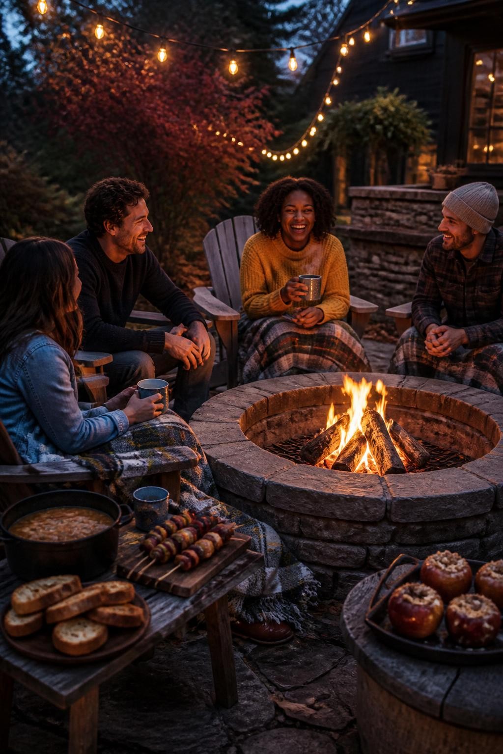 Image Prompt: A cozy backyard fall dinner arranged around a safe fire pit on a stone patio, four adults seated in Adirondack chairs with wool blankets over their laps, cast-iron pot, skewers, toasted bread, soup mugs, and baked apples on a rustic side table, one Black woman in a mustard sweater laughing while holding a steaming mug, soft string lights in the background, glowing firelight mixed with cool evening blue tones, natural candid expressions, detailed outdoor editorial photography, no text, no watermark.