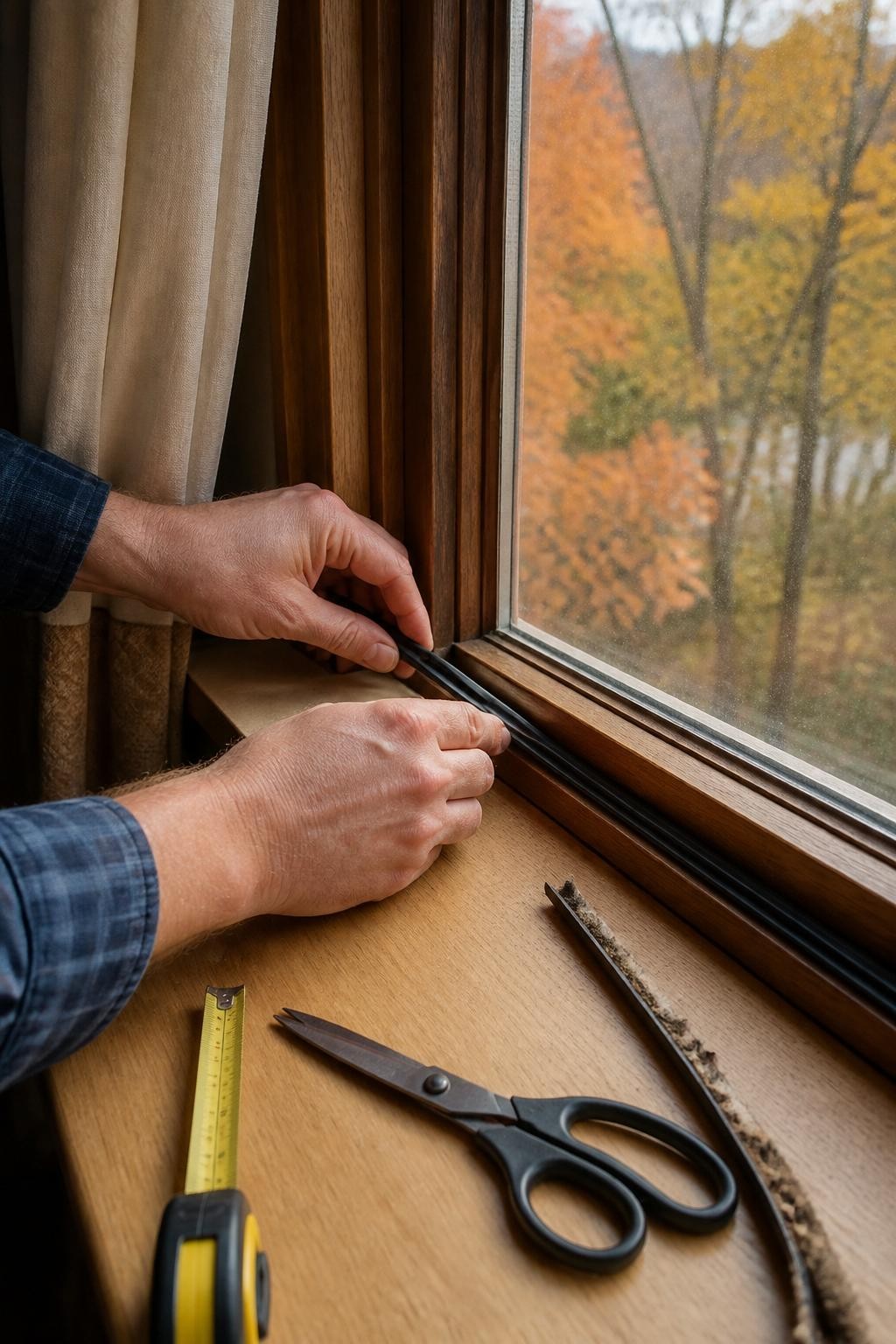 Image Prompt: A highly realistic close-up photograph showing a homeowner applying a narrow strip of weather seal along the lower edge of a wooden-framed window, with old damaged weatherstripping removed beside a measuring tape and utility scissors, blurred autumn trees visible outside, folded curtains nearby, natural afternoon light revealing detailed wood grain and seal texture, accurate hand placement, professional DSLR photography using a 50mm lens, practical home-maintenance editorial quality, no visible commercial branding, no text, no watermarks on images.