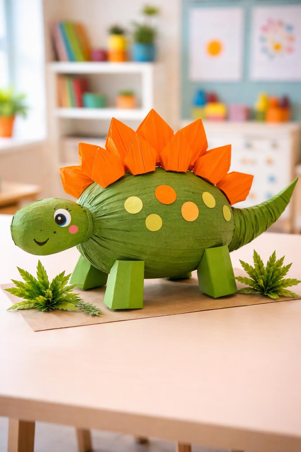 Image Prompt: A green pumpkin transformed into a friendly paper stegosaurus, bright orange paper plates running along the back, long green paper tail, small rounded paper head extending from one side, four short folded paper legs, colorful spots, large friendly eyes, miniature paper ferns around the base, bright classroom lighting, realistic DSLR craft photography, playful handmade construction, no people, no text.