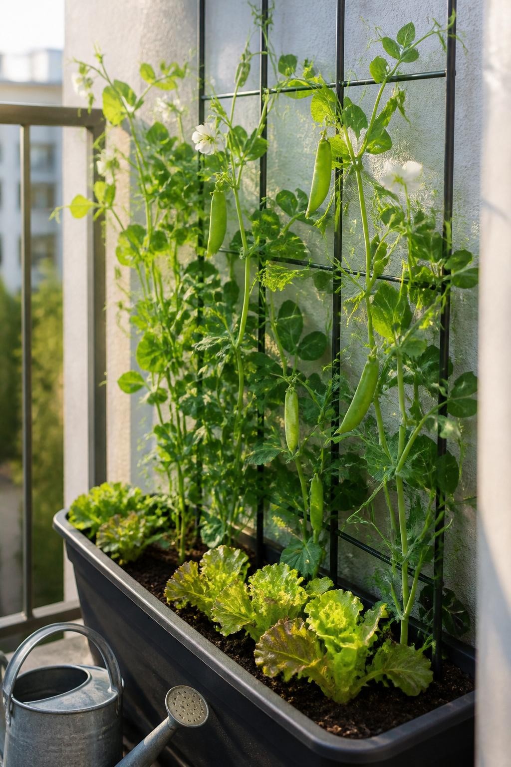 Image Prompt: A realistic narrow balcony planter positioned against a wall with sugar snap pea vines climbing a slim black metal trellis, white pea flowers and several fresh green pods visible, low lettuce plants growing along the front edge of the container, natural uneven vine growth, dark moist soil, a small watering can nearby, soft morning sunlight, secure apartment balcony setup, true-to-life plant proportions, DSLR photography, 50mm lens, no text.