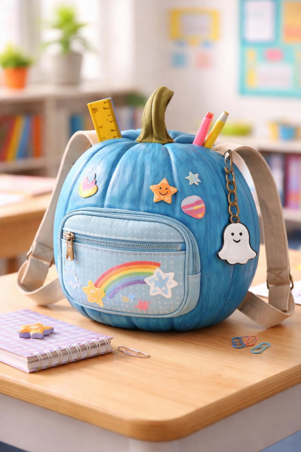 Image Prompt: A round blue pumpkin transformed into a school backpack, painted front zipper pocket, paper straps, small keychain charm, patches, ruler and pencil sticking out from the top, tiny notebook at the base, bright classroom setting, realistic DSLR craft photography, neat handmade school details, no people, no readable text.