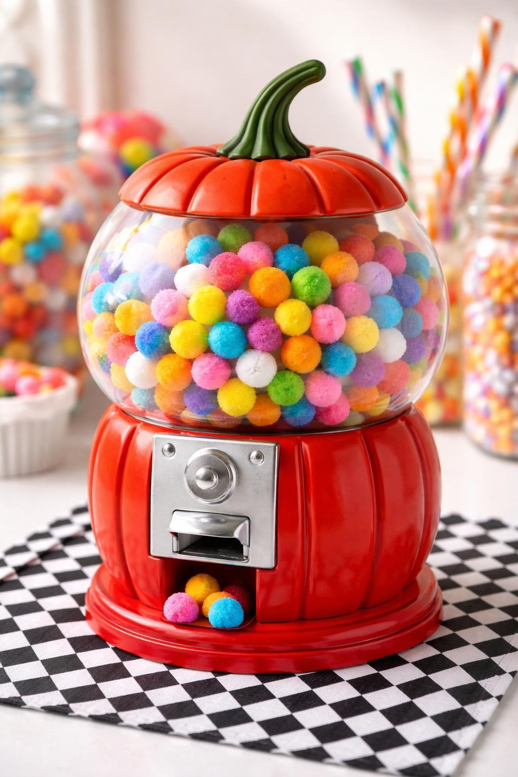 Image Prompt: A round red fake pumpkin transformed into a retro bubblegum machine, clear dome section filled with colorful pom-pom gumballs, shiny red base, silver coin slot, small turning handle, dispenser opening, black-and-white checkered mat beneath, playful vintage candy-shop mood, bright studio-like daylight, realistic DSLR craft photography, polished handmade construction, no people, no readable text.
