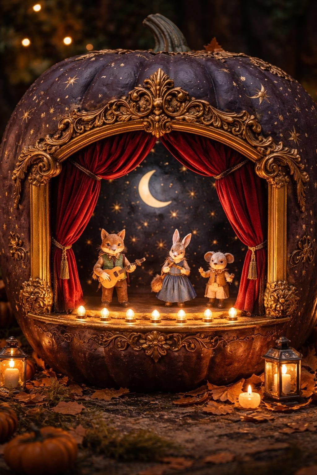 Image Prompt: A large dark plum foam pumpkin carved into a miniature puppet theater, ornate gold-trimmed stage opening, deep red velvet curtains pulled aside, tiny woodland animal puppets performing beneath a painted crescent moon, small footlights glowing along the stage edge, hand-painted stars and decorative flourishes outside, theatrical evening atmosphere, realistic DSLR photography, highly detailed handcrafted scene, no people, no readable text.