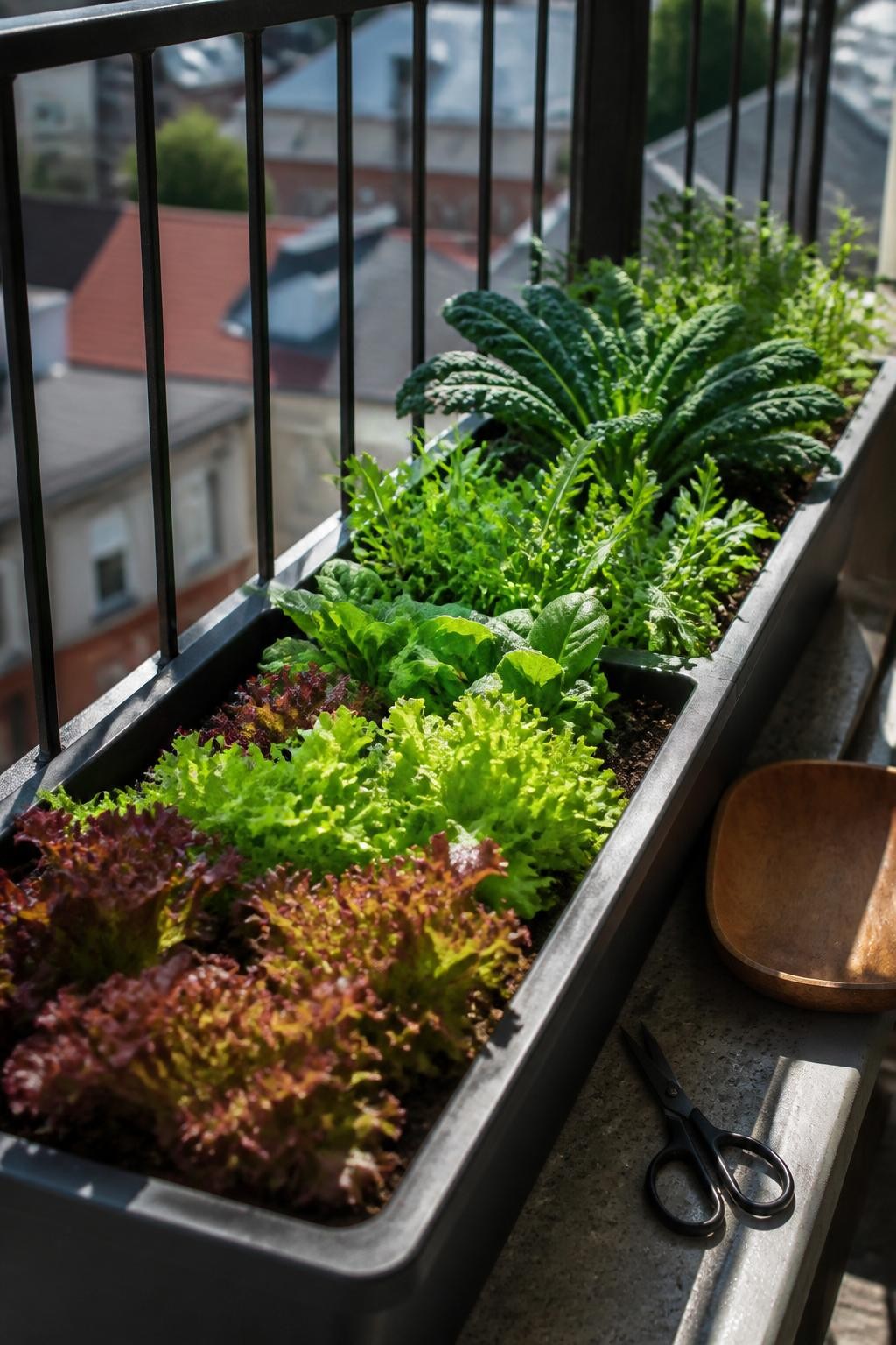 Image Prompt: A realistic sunny balcony garden with a long rectangular planter filled with red leaf lettuce, green lettuce, baby spinach, arugula, and small kale plants, leaves arranged in loose practical rows, dark compost-rich soil visible between plants, a small pair of garden scissors and shallow wooden harvest bowl resting beside the planter, simple metal balcony railing and distant rooftops softly blurred, cool clear morning light, authentic edible container gardening, DSLR photography, 45-degree angle, highly detailed, no text.
