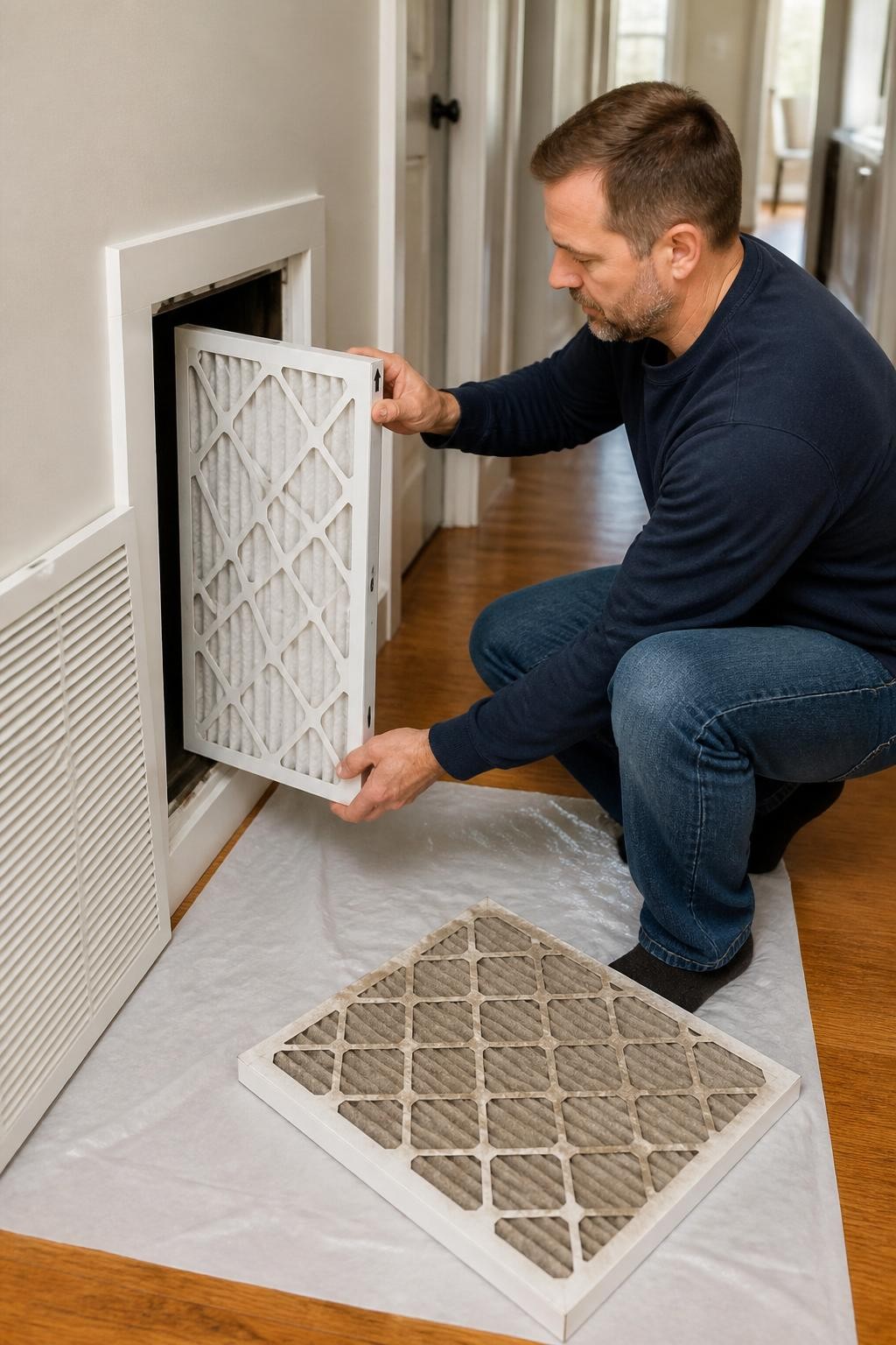 Image Prompt: A clean, realistic hallway maintenance photograph showing a homeowner sliding a fresh rectangular HVAC filter into a return-air unit, with the dusty used filter resting on a disposable protective sheet nearby, arrows on the filter aligned naturally with airflow but no readable brand name, clean vent grille, wooden floor, neutral walls, soft morning light, detailed filter fibers and believable dust buildup, accurate hands and posture, professional full-frame DSLR image using a 50mm lens, sharp practical editorial styling with a gently blurred background, no unnecessary seasonal decorations, no text overlay, no watermarks on images.