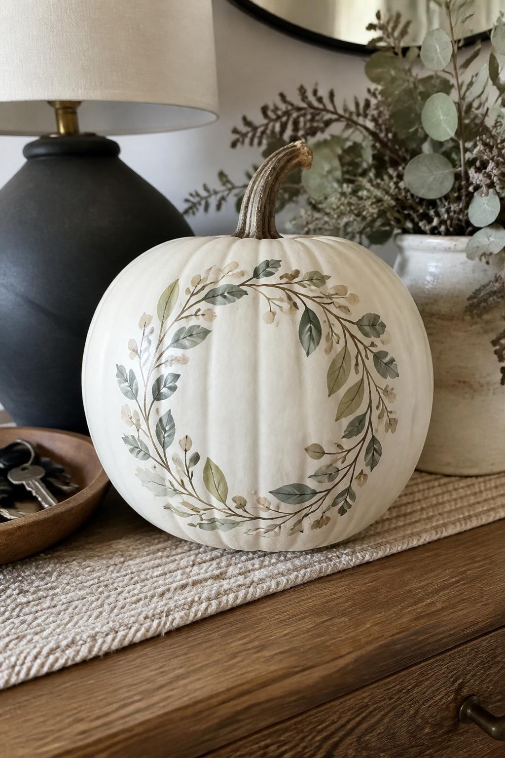 Horizontal 16:9 casual iPhone photograph of a matte white real pumpkin painted with a circular wreath of muted olive, sage, and dusty green leaves around the front center, tiny beige berries and thin brown stems, natural twisted stem, displayed on an entryway console beside a key bowl, lamp, woven runner, and dried eucalyptus, soft cloudy daylight, realistic brushwork, no lettering, no text.