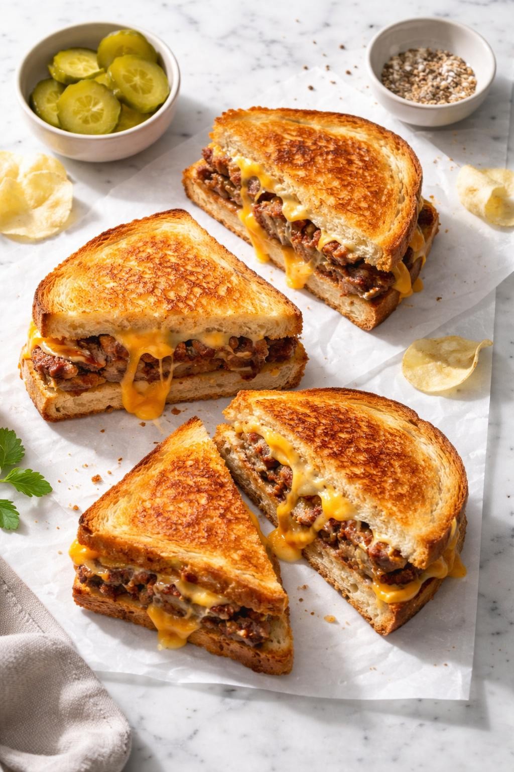 Prompt: Top-down realistic editorial food photography of meatloaf grilled cheese sandwiches on a clean light marble countertop, golden toasted bread filled with sliced leftover meatloaf and melted cheese, cut diagonally with gooey cheese visible inside, cozy homemade comfort food mood, bright natural daylight, soft shadows, clean composition, high detail, realistic food texture, no people, no hands, no text, no watermarks, no props with writing.