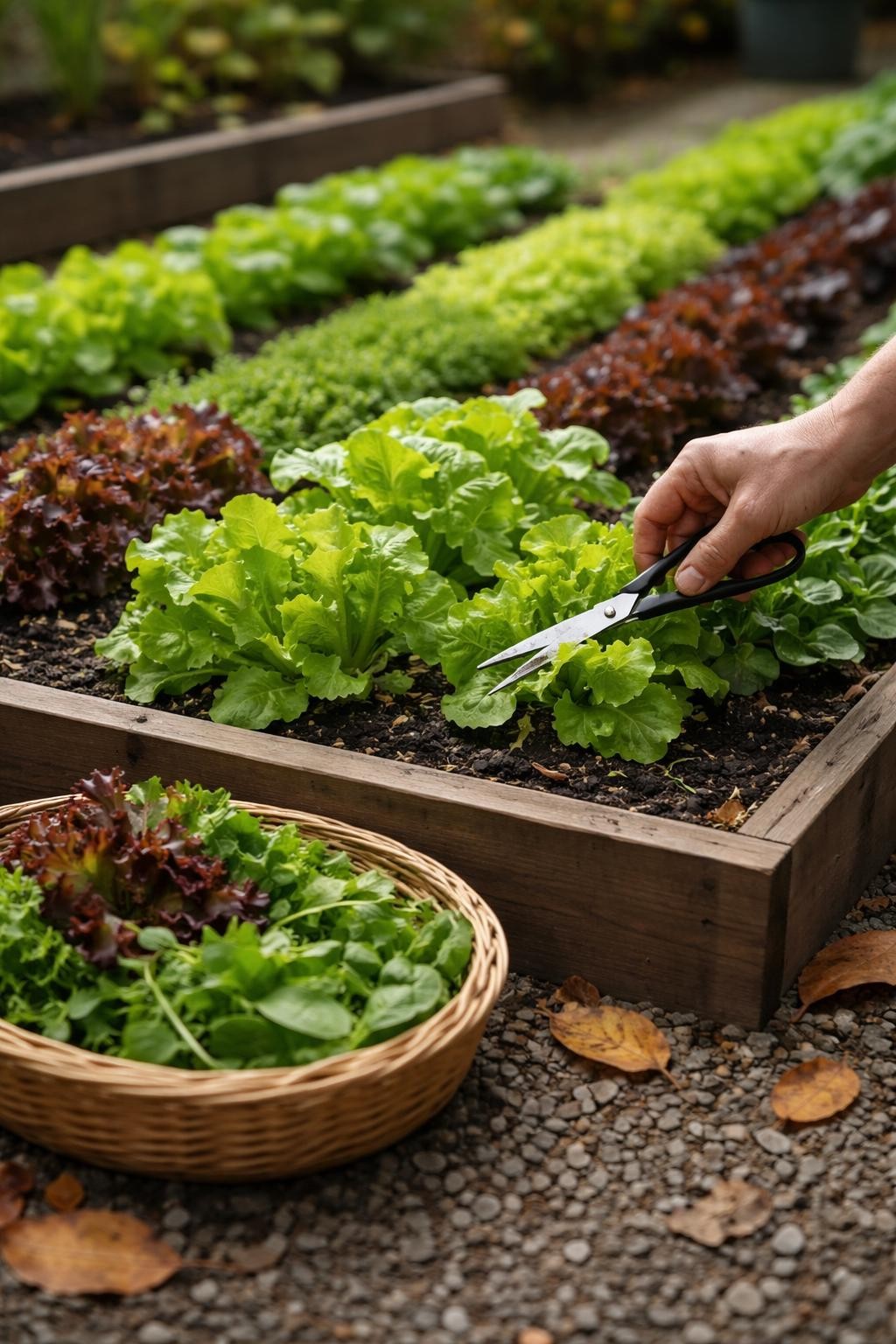 Image Prompt: A realistic wooden raised garden bed in early fall filled with organized but natural rows of green leaf lettuce, red lettuce, baby spinach, arugula, and small mustard greens, a gardener’s soil-stained hand using clean garden scissors to harvest only the outer leaves, a shallow wicker basket holding freshly cut greens beside the bed, rich dark soil visible between plants, a few amber leaves scattered along the gravel path, soft overcast morning light, authentic residential backyard garden, natural leaf imperfections, editorial DSLR photography, 50mm lens, shallow depth of field, highly detailed, no text.
