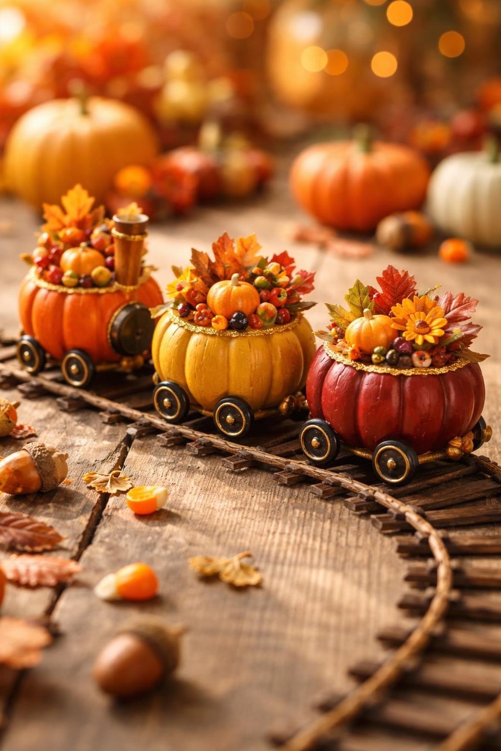 Image Prompt: Three small fake pumpkins turned into connected train cars, each pumpkin painted a different autumn color, tiny black wheels, gold trim, little open tops filled with mini pumpkins, candy, leaves, and flowers, front engine with small paper chimney, curved track made from twigs, playful fall tabletop scene, warm daylight, realistic DSLR craft photography, no people, no readable text.