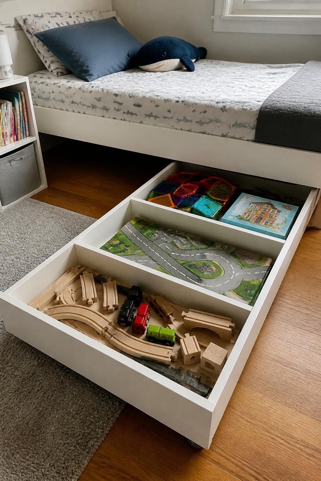 Image prompt: Child’s bed with a wide low rolling drawer pulled out underneath, divided into sections containing train tracks, play mats, magnetic tiles, and a boxed building set, photographed with natural iPhone photo quality, soft natural bedroom light, realistic floor and bedding textures, practical small-room storage, toys neatly grouped but not overly perfect, no people, no visible brands, no watermarks on images.