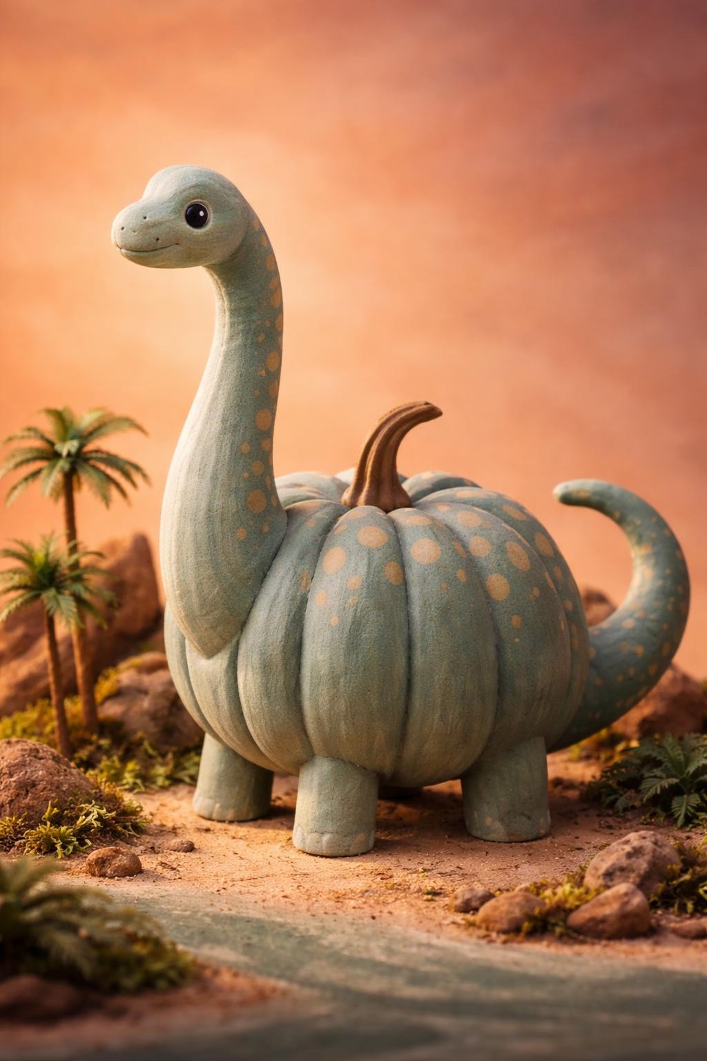 Image Prompt: A tall dusty teal pumpkin transformed into a charming brachiosaurus, long curved neck rising from the front, small gentle head with rounded features, painted cream spots across the body, four sturdy foam legs, long tail curling behind, miniature palm trees and rocky hills around the base, warm sunset-colored background, realistic handcrafted texture, editorial DSLR photography, no people, no text.