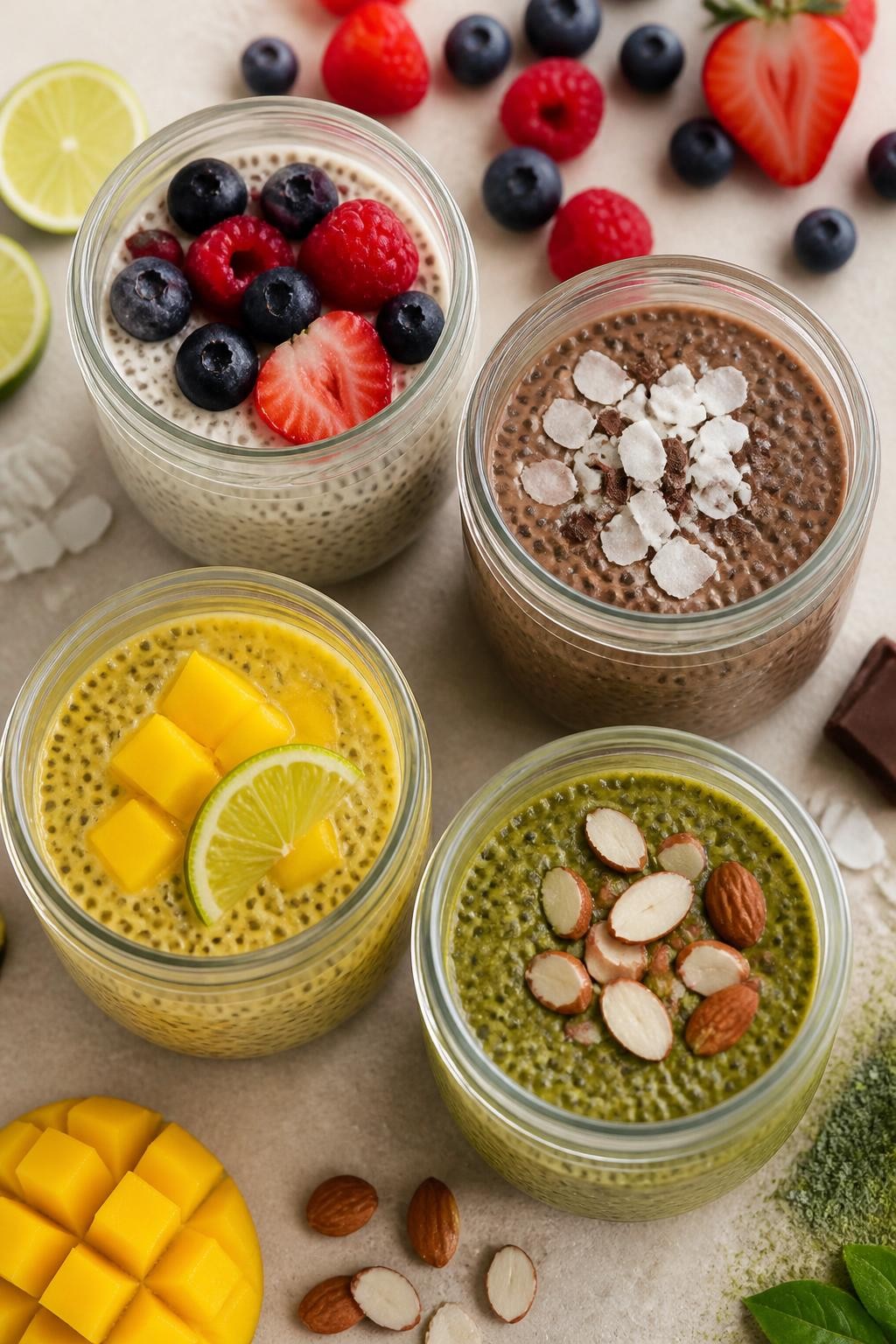 Photo prompt: Realistic top-down editorial food photography of four small glass jars filled with chia pudding. One is vanilla with berries, one chocolate with coconut flakes, one mango with lime, and one matcha with almonds. The pudding has a thick, gel-like texture with tiny chia seeds visible throughout. Soft morning light, colorful and creamy breakfast prep mood, no people, no hands, no text, no watermarks, no props with writing.