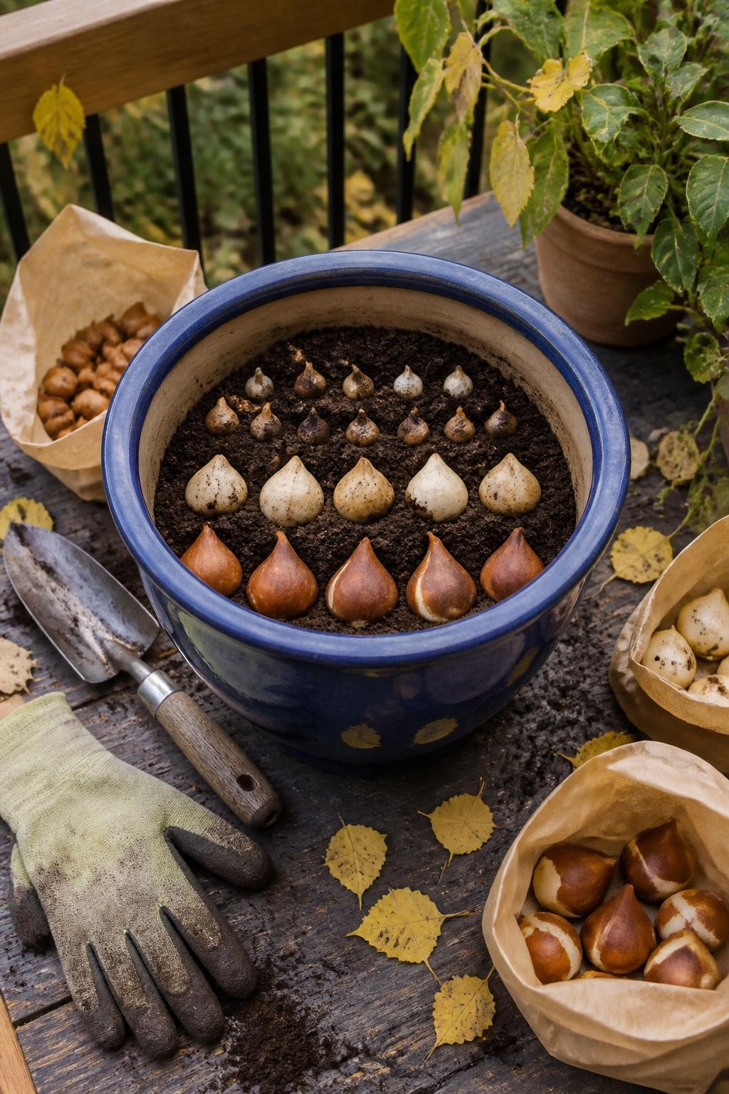 Image Prompt: A realistic autumn bulb-planting scene on a balcony potting table, showing a deep frost-resistant ceramic pot being planted in layers with tulip bulbs at the bottom, daffodil bulbs in the middle, and crocus and grape hyacinth bulbs near the top, loose potting soil, soil-stained gloves, a metal trowel, and simple paper bulb packets nearby, scattered yellow leaves, soft natural daylight, accurate bulb size and spacing, editorial DSLR photography, 45-degree overhead angle, no text.