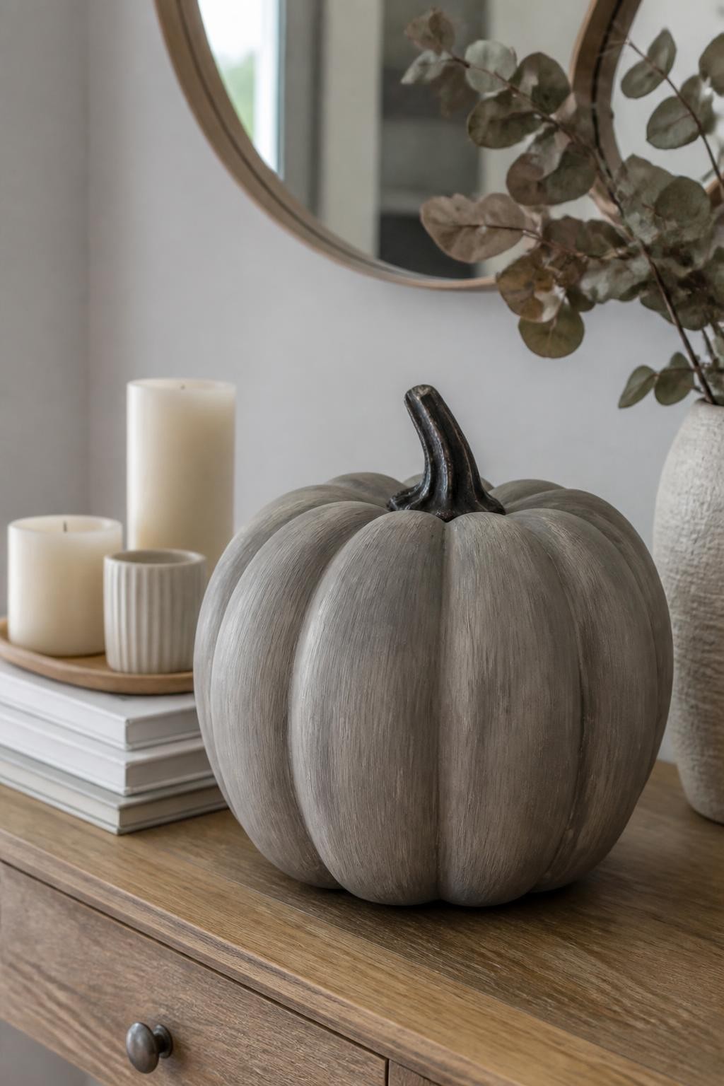 Horizontal 16:9 casual iPhone photograph of a large faux pumpkin painted warm weathered gray with taupe undertones, charcoal shading in the grooves, pale dry-brushed ridges, and a natural dark stem, positioned on a light wood console table with cream candles, neutral books, a ceramic vase, and dried eucalyptus, soft diffused daylight, modern realistic fall decor, no concrete texture exaggeration, no text.