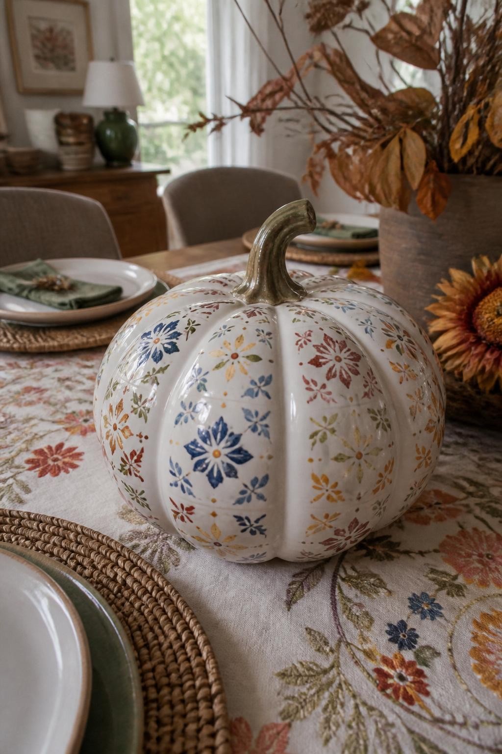 Horizontal 16:9 natural iPhone camera photograph of a white ceramic pumpkin hand-painted with small repeating tile-inspired motifs in muted blue, rust, olive green, mustard, and terracotta, each section following the curved ridges with visible handmade imperfections, displayed on a dining table beside simple plates, woven placemats, and dried branches, soft morning daylight, colorful but tasteful home decor, no text.