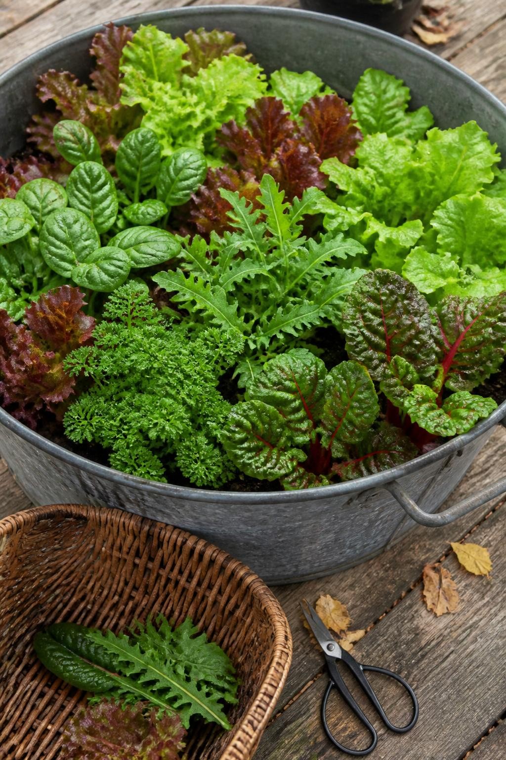 Image Prompt: A realistic wide galvanized metal container planted as an edible fall salad garden, filled with red and green leaf lettuce, baby spinach, arugula, curly parsley, and small ruby-stemmed Swiss chard arranged in natural loose clusters, crisp healthy leaves with minor imperfections, dark compost-rich soil, a small pair of garden scissors and a woven harvest basket beside the pot, wooden patio surface with a few fallen leaves, soft overcast morning light, authentic home gardening scene, DSLR photography, 45-degree overhead angle, highly detailed, no text.