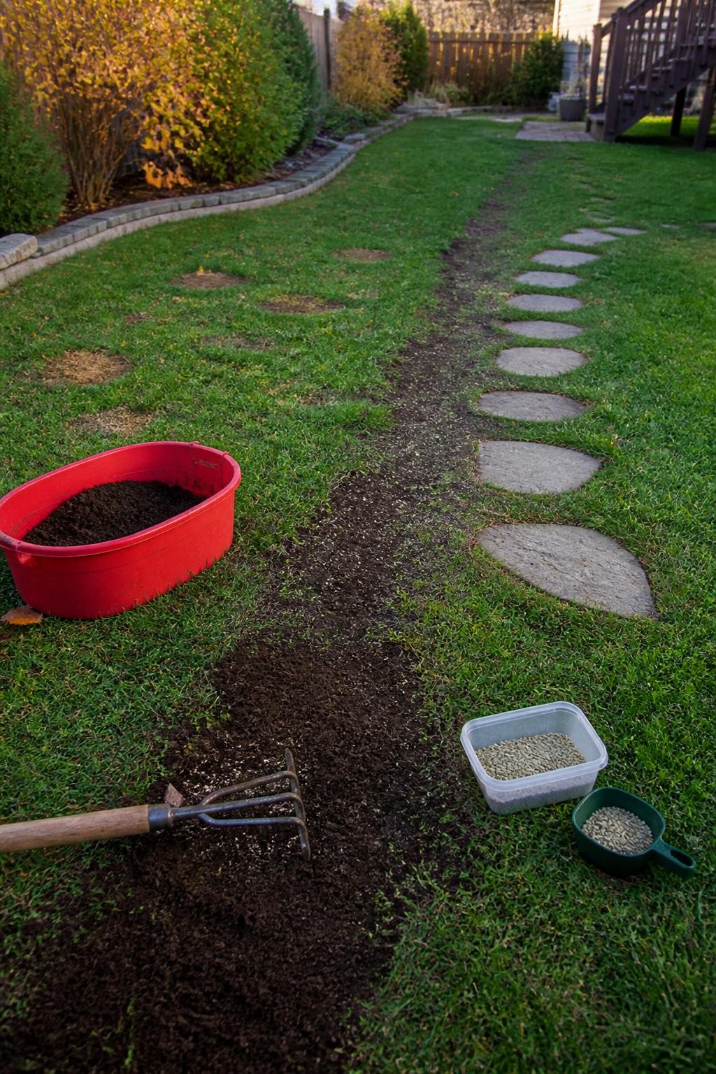 Image Prompt: A realistic backyard lawn in fall showing a worn pathway through the grass being repaired, compacted soil loosened with a hand cultivator, fresh topsoil spread across the thin area, grass seed and a small scoop nearby, a temporary stepping-stone route placed beside the repair, a few brown pet-damaged spots visible farther away, soft morning light, natural residential garden setting, accurate lawn textures, documentary-style DSLR photography, 45-degree angle, no text.